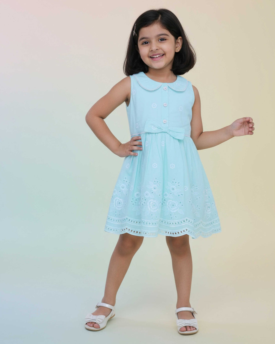 Elegant Embroidered Sleeveless Kids Frock with Peter Pan Collar and Bow Waist Design - Blue