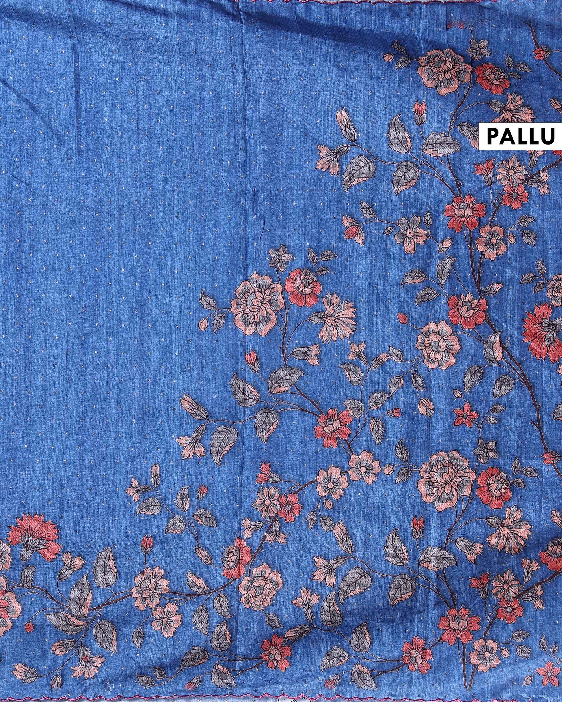 Elegant Floral Embroidered Semi Tussar Saree with All-Over Motifs - Blue