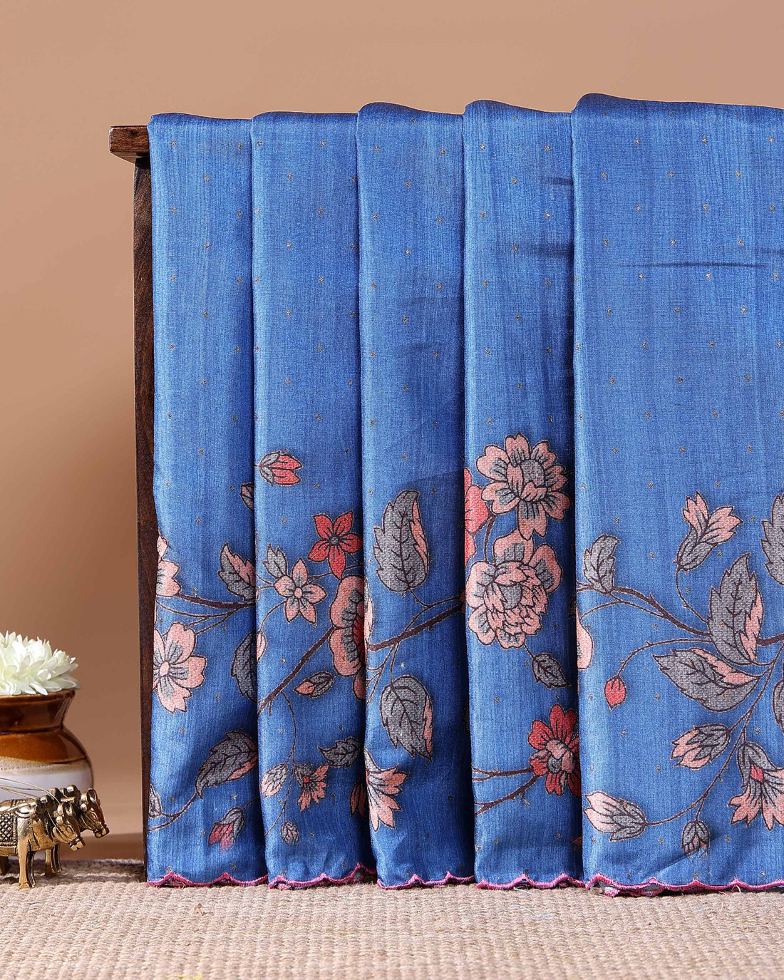 Elegant Floral Embroidered Semi Tussar Saree with All-Over Motifs - Blue