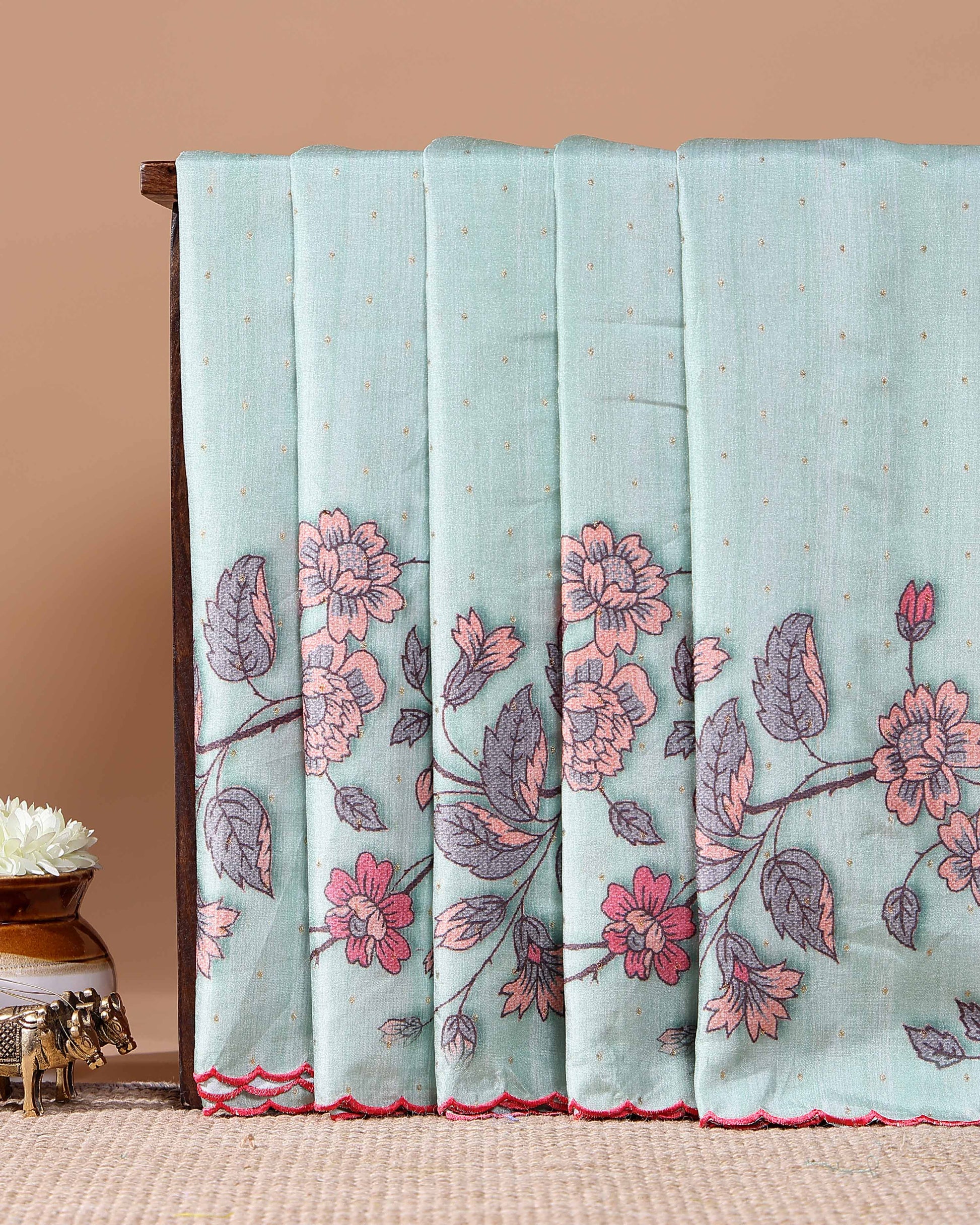 Elegant Floral Embroidered Semi Tussar Saree with All-Over Motifs -  Light Blue