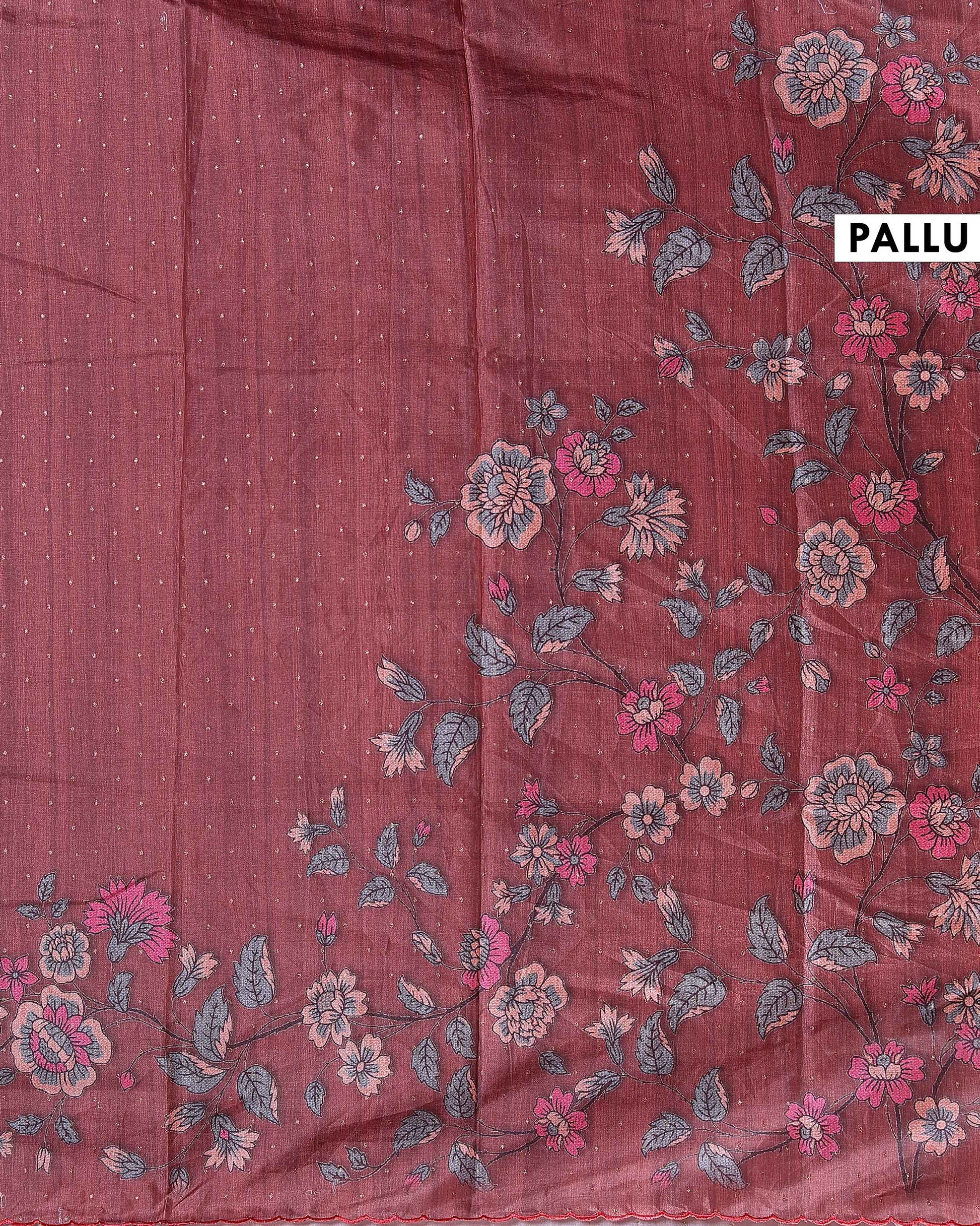 Elegant Floral Embroidered Semi Tussar Saree with All-Over Motifs - Maroon