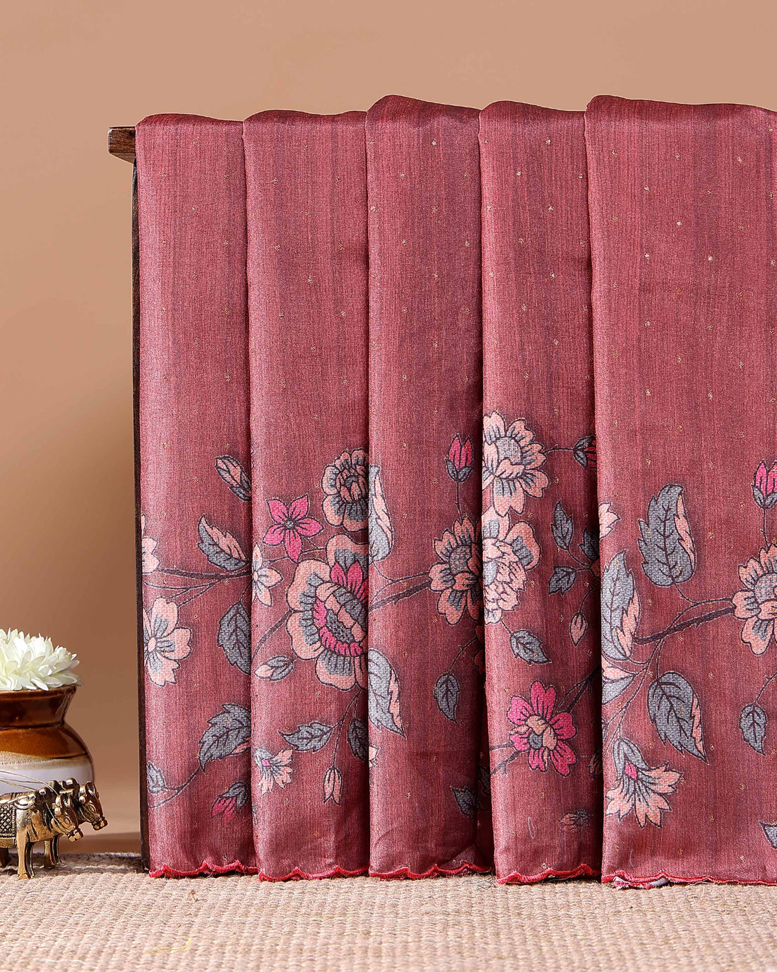 Elegant Floral Embroidered Semi Tussar Saree with All-Over Motifs - Maroon