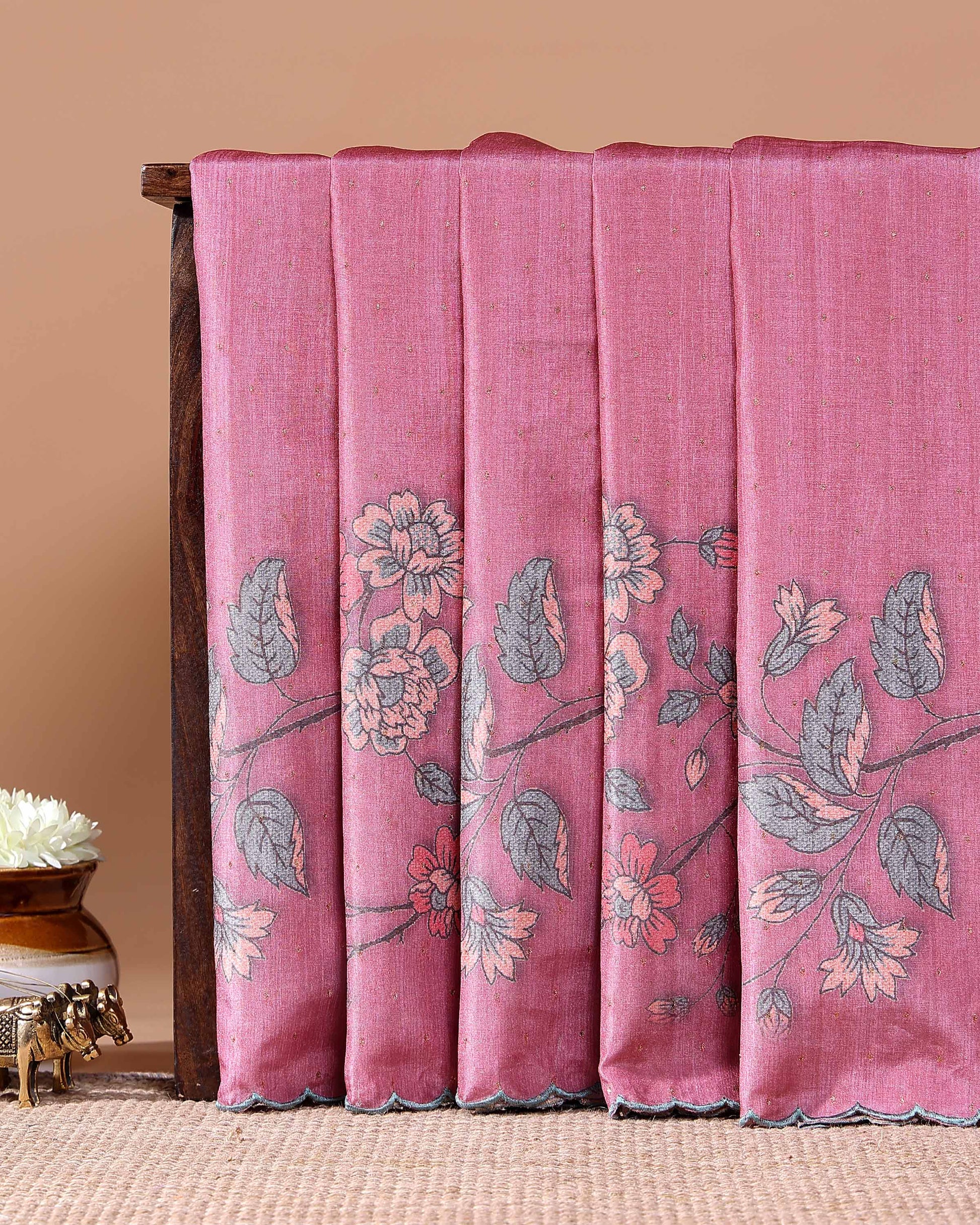 Elegant Floral Embroidered Semi Tussar Saree with All-Over Motifs - Pink