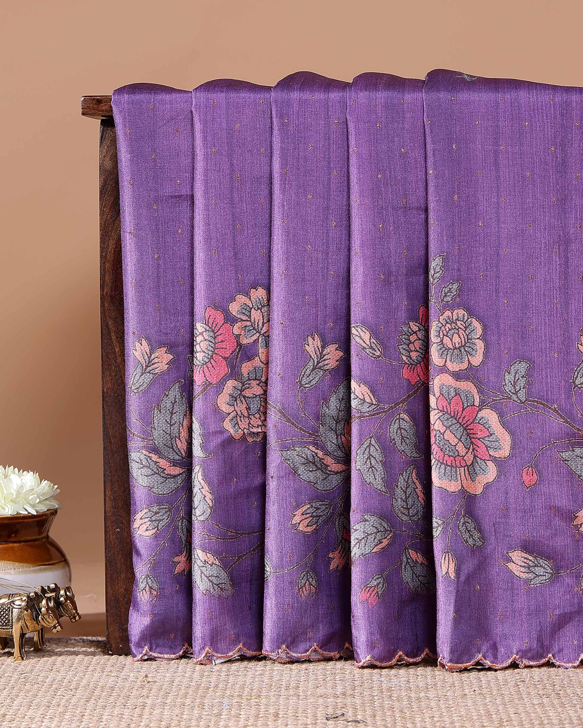Elegant Floral Embroidered Semi Tussar Saree with All-Over Motifs - Purple