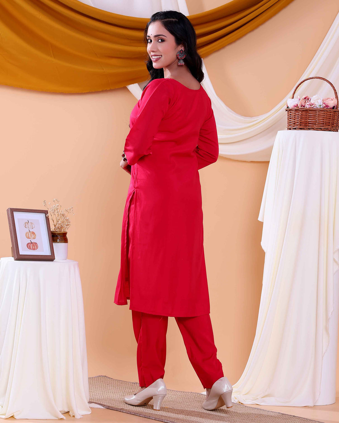 Elegant Floral Embroidered Women's Readymade Salwar Set with Designer Detailing - Red