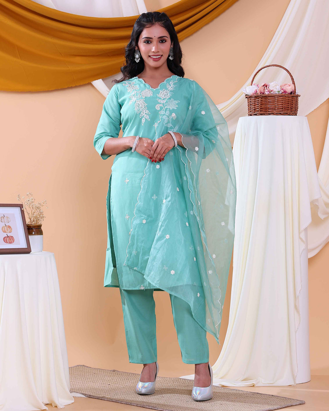 Elegant Floral Embroidered Women's Readymade Salwar Set with Designer Detailing - Aqua Blue