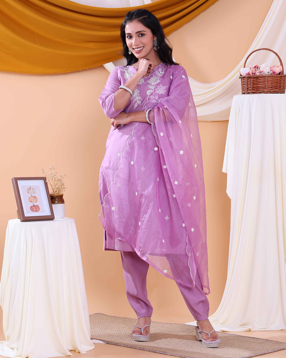 Elegant Floral Embroidered Women's Readymade Salwar Set with Designer Detailing - Lavender