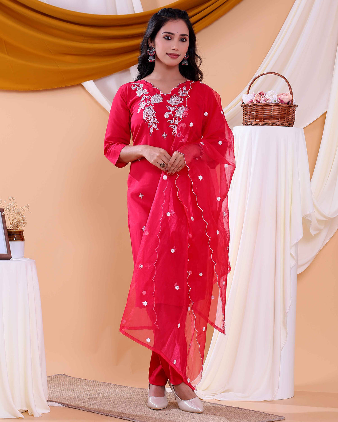 Elegant Floral Embroidered Women's Readymade Salwar Set with Designer Detailing - Red