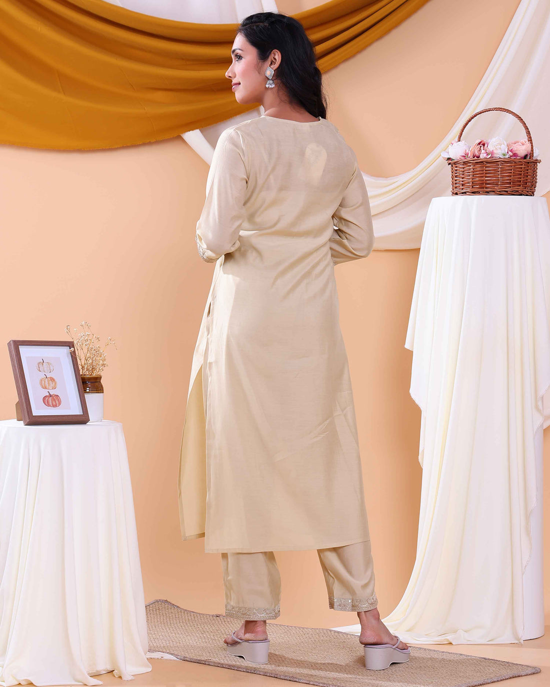 Elegant Floral Embroidered Women’s Salwar Set with Straight Kurta, Matching Bottom, and Dupatta- Sandal