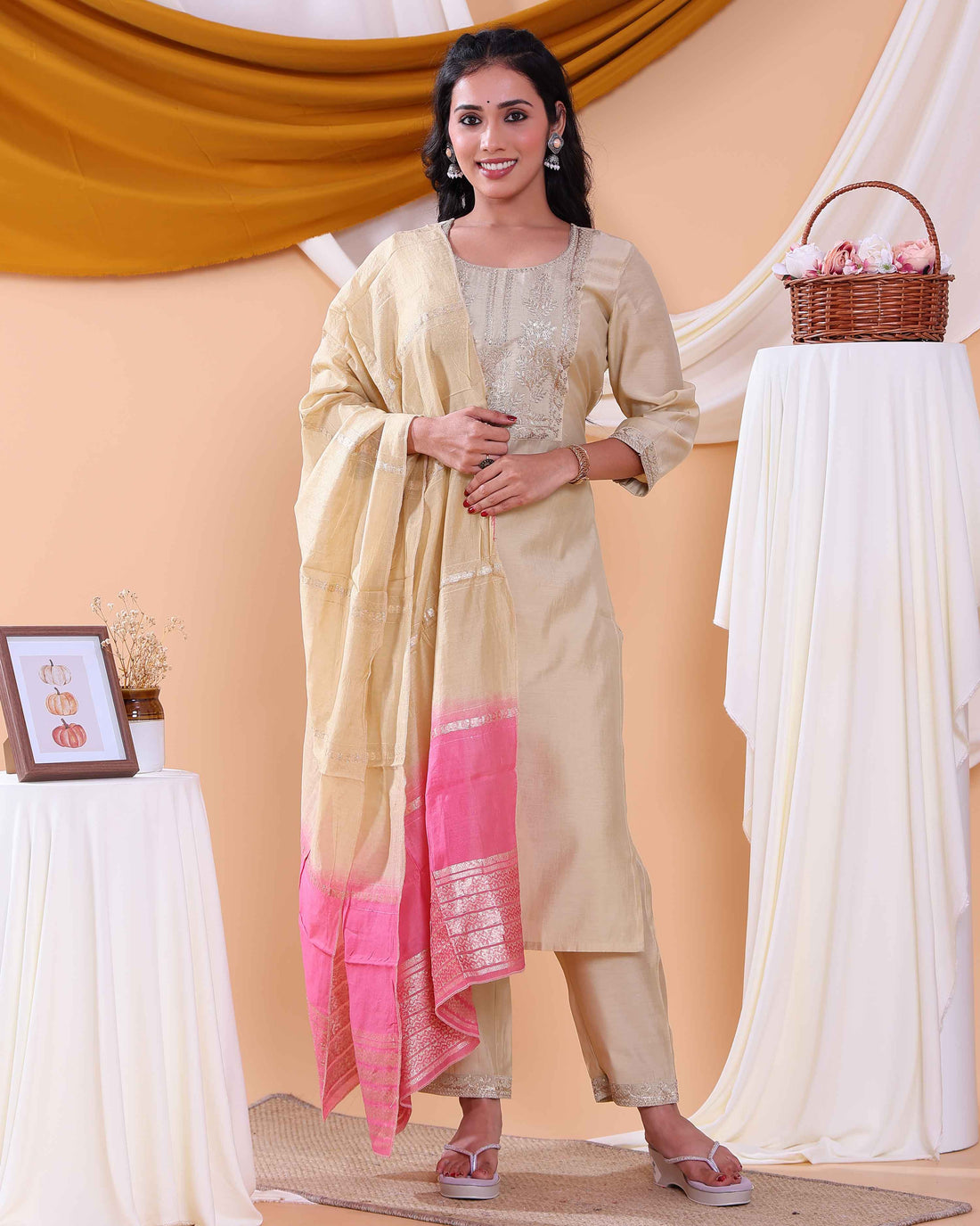 Elegant Floral Embroidered Women’s Salwar Set with Straight Kurta, Matching Bottom, and Dupatta- Sandal