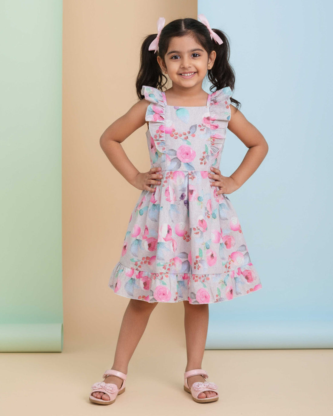 Elegant Floral Printed Party Wear Kids Frock with Flared Hemline and Bow Detail - Multi