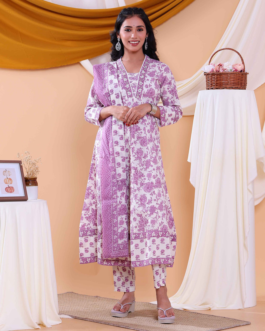 Elegant Floral Printed Women's Readymade Salwar Set with Designer Detailing - Cream
