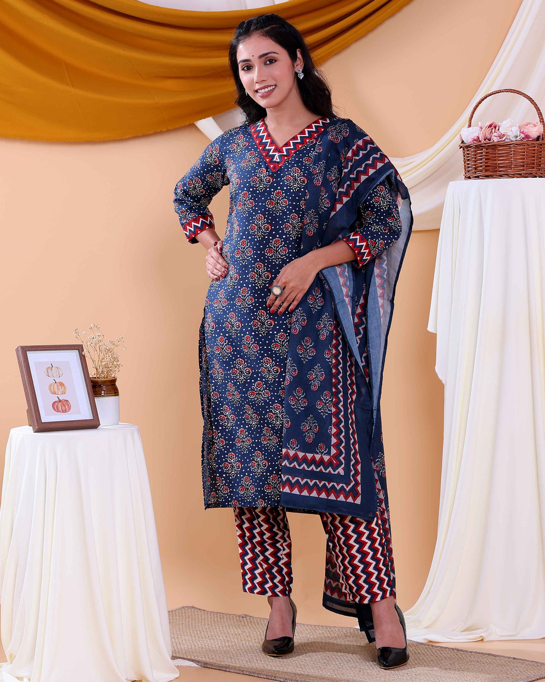 Elegant Floral Printed Women's Readymade Salwar Set with Designer Detailing - Navy Blue