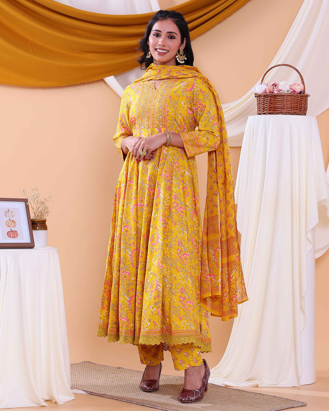 Elegant Floral Printed Women's Readymade Salwar Set with Designer Detailing - Yellow