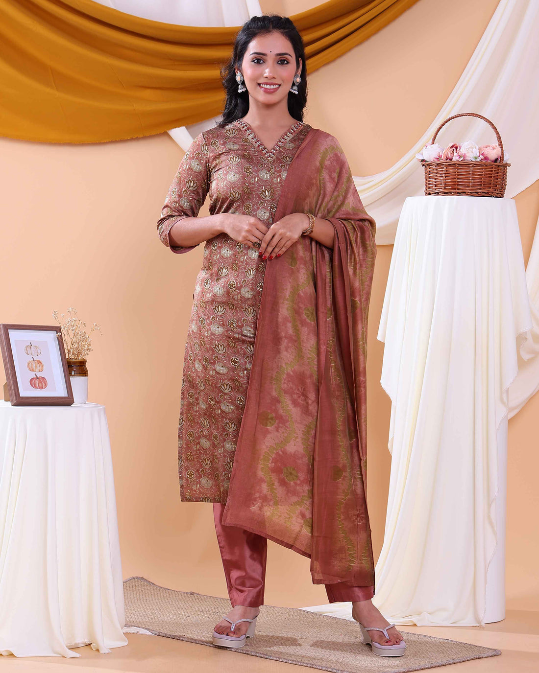 Elegant Floral Printed Women’s Salwar Set with Straight Kurta, Matching Bottom, and Dupatta- Brown