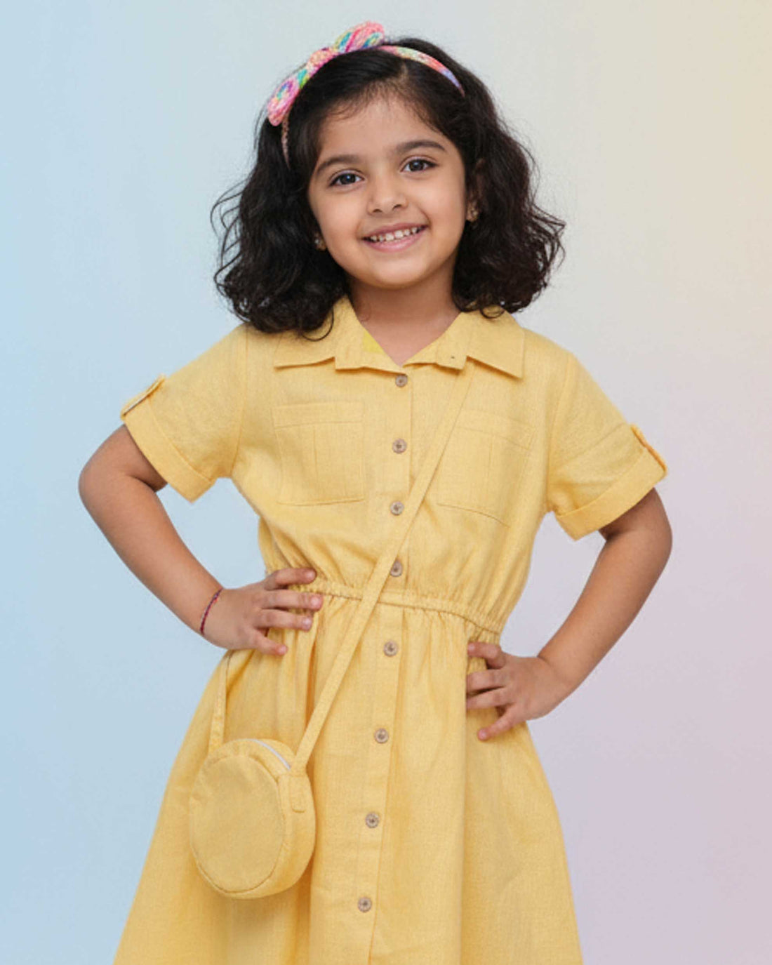 Elegant Girls' Everyday Midi Frock with Front Buttons & Elasticated Waist - Yellow
