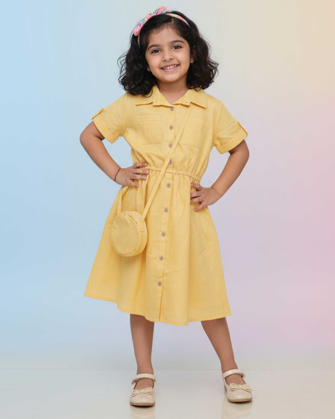 Elegant Girls' Everyday Midi Frock with Front Buttons & Elasticated Waist - Yellow