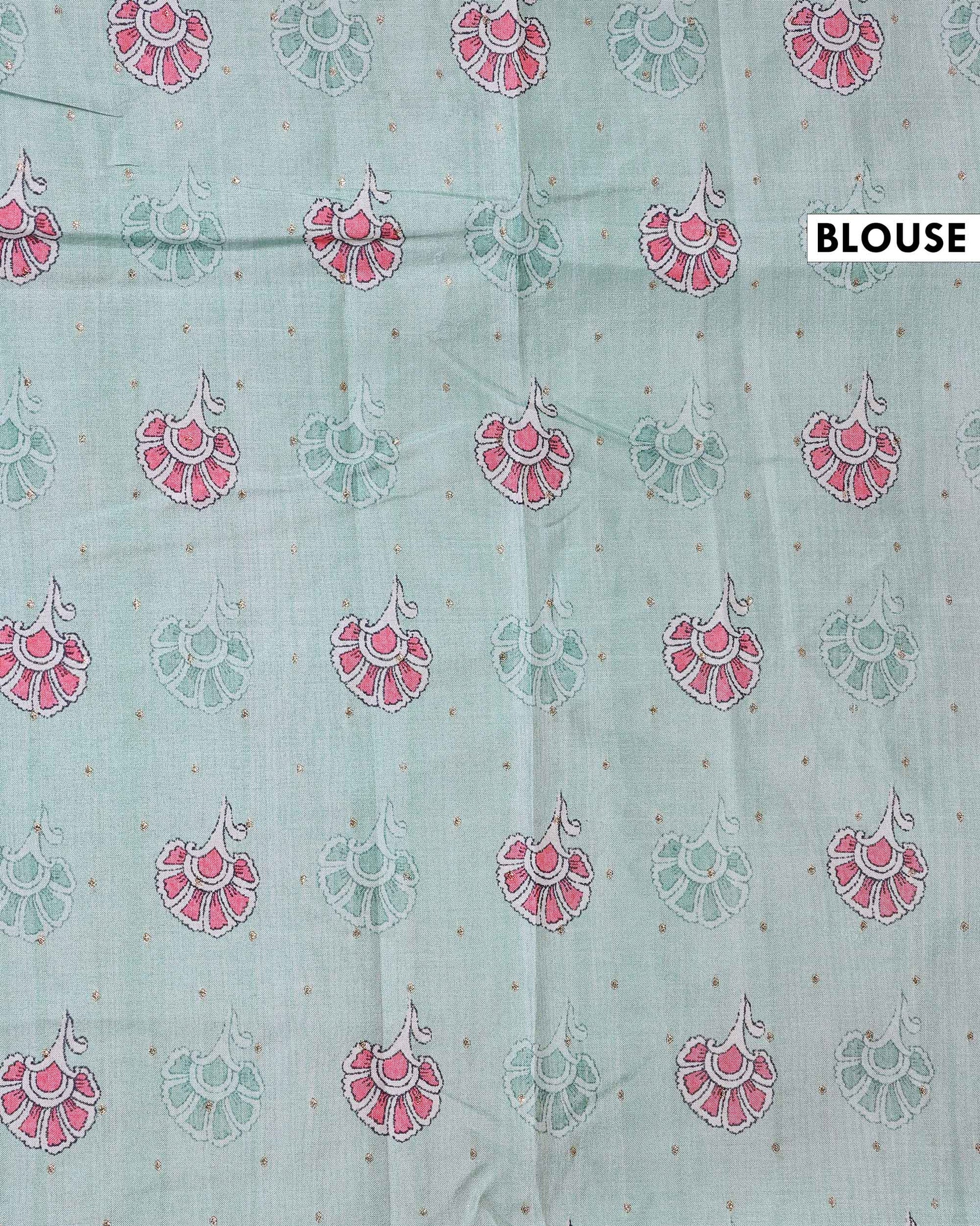 Elegant Hand-Painted Semi Tussar Silk Saree with Elephant and Floral Motifs - Aqua Blue