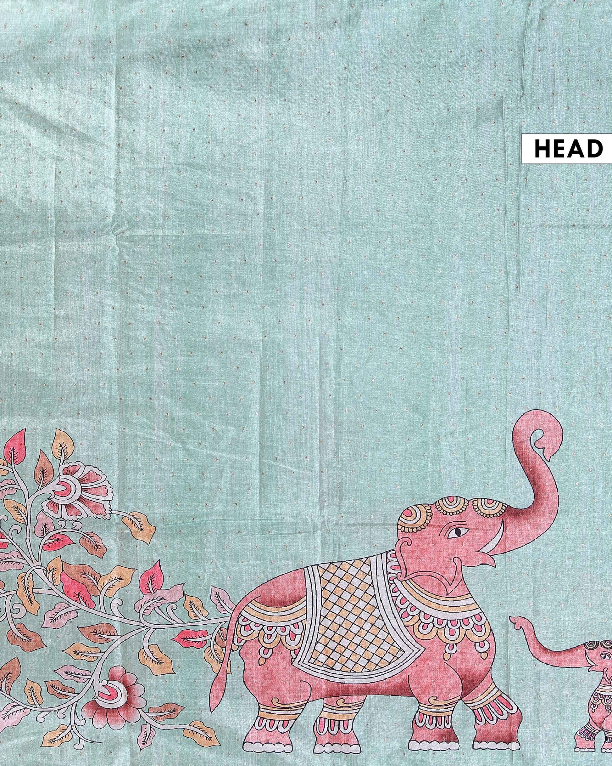 Elegant Hand-Painted Semi Tussar Silk Saree with Elephant and Floral Motifs - Aqua Blue