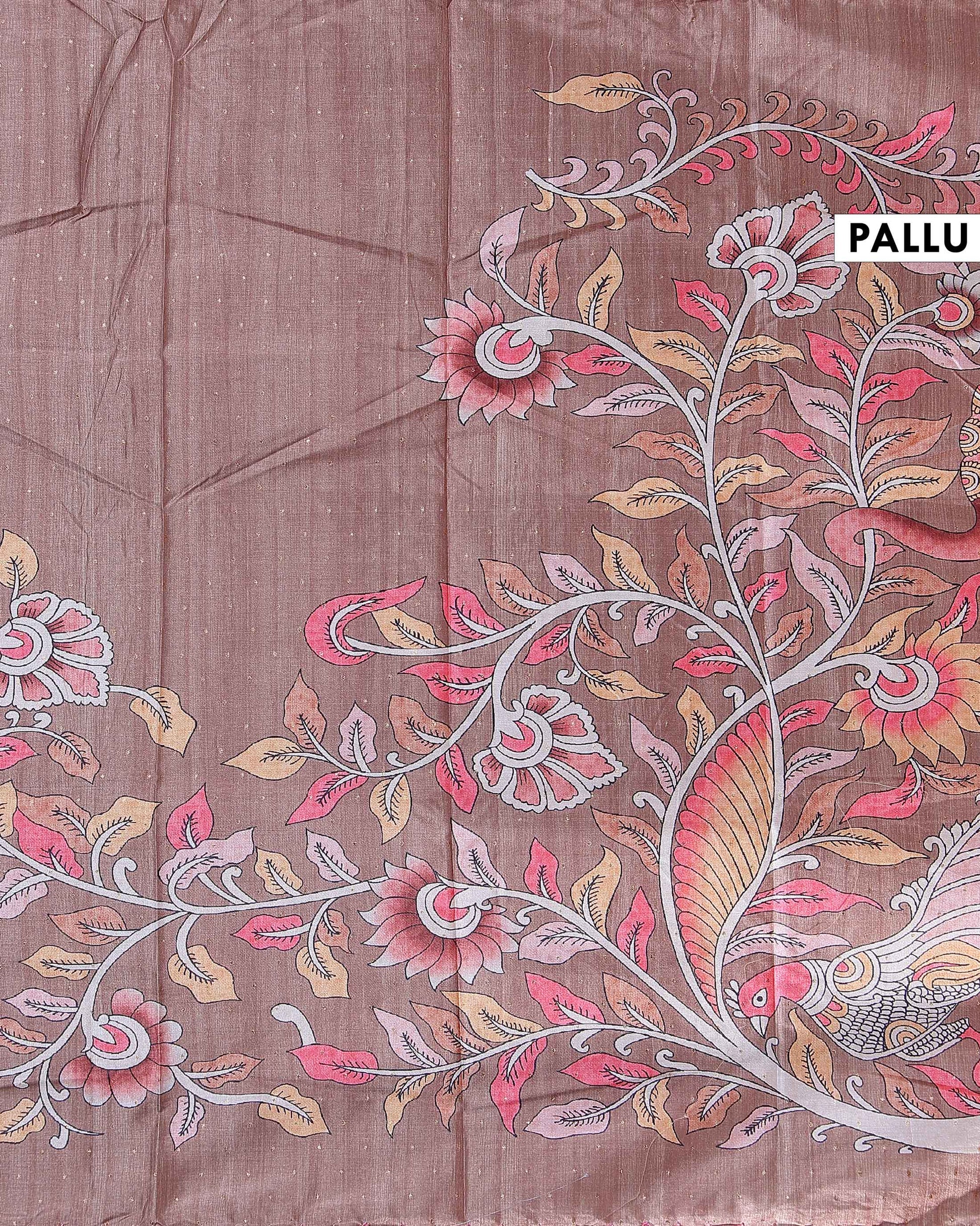 Elegant Hand-Painted Semi Tussar Silk Saree with Elephant and Floral Motifs - Brown