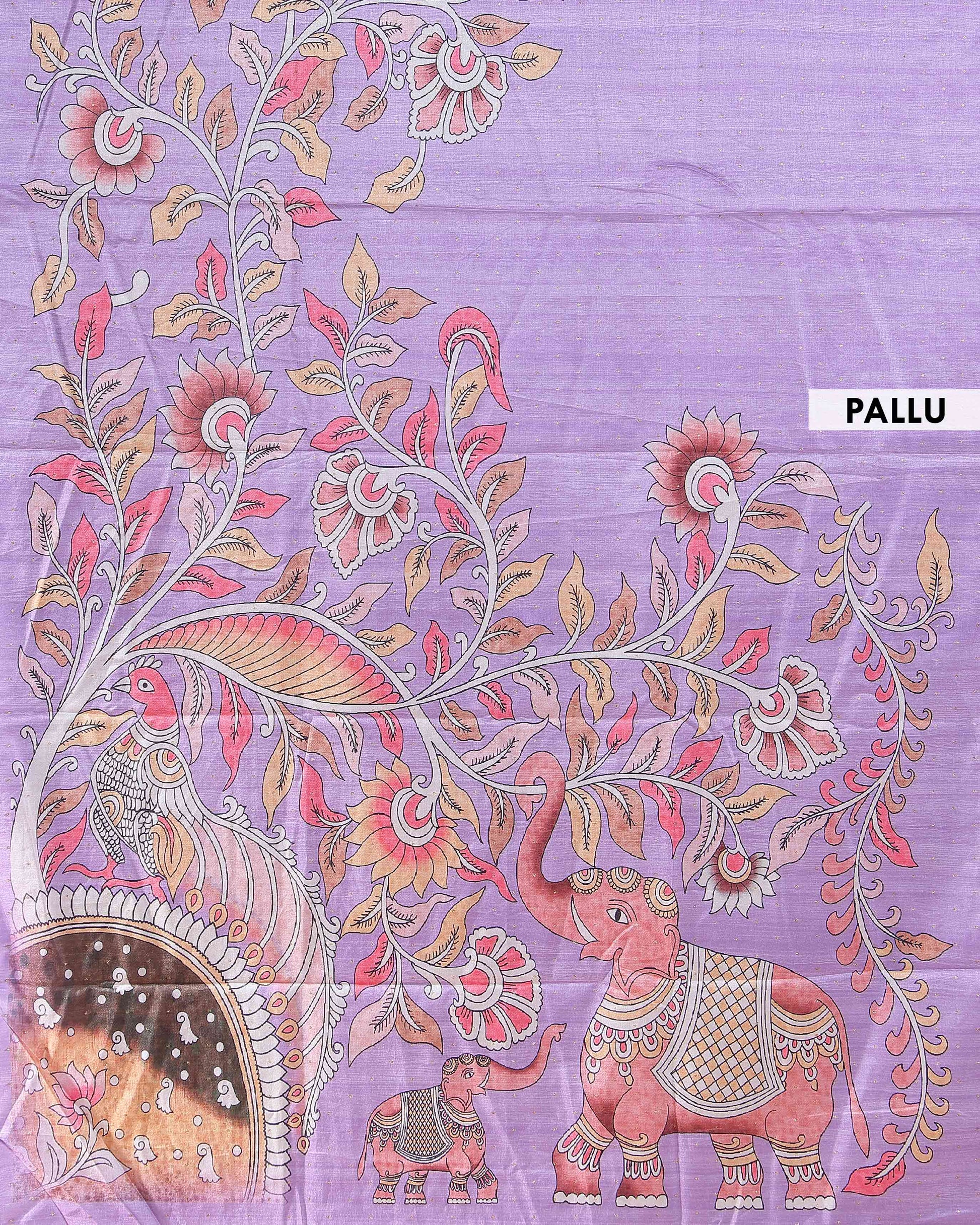 Elegant Hand-Painted Semi Tussar Silk Saree with Elephant and Floral Motifs - Lavender