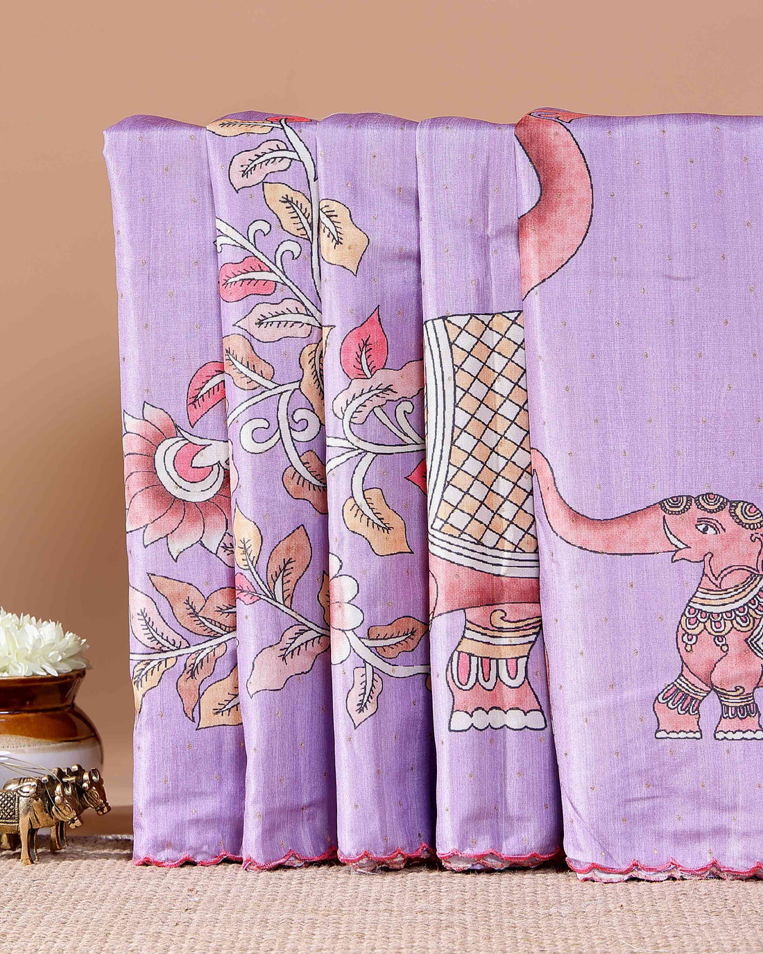 Elegant Hand-Painted Semi Tussar Silk Saree with Elephant and Floral Motifs - Lavender