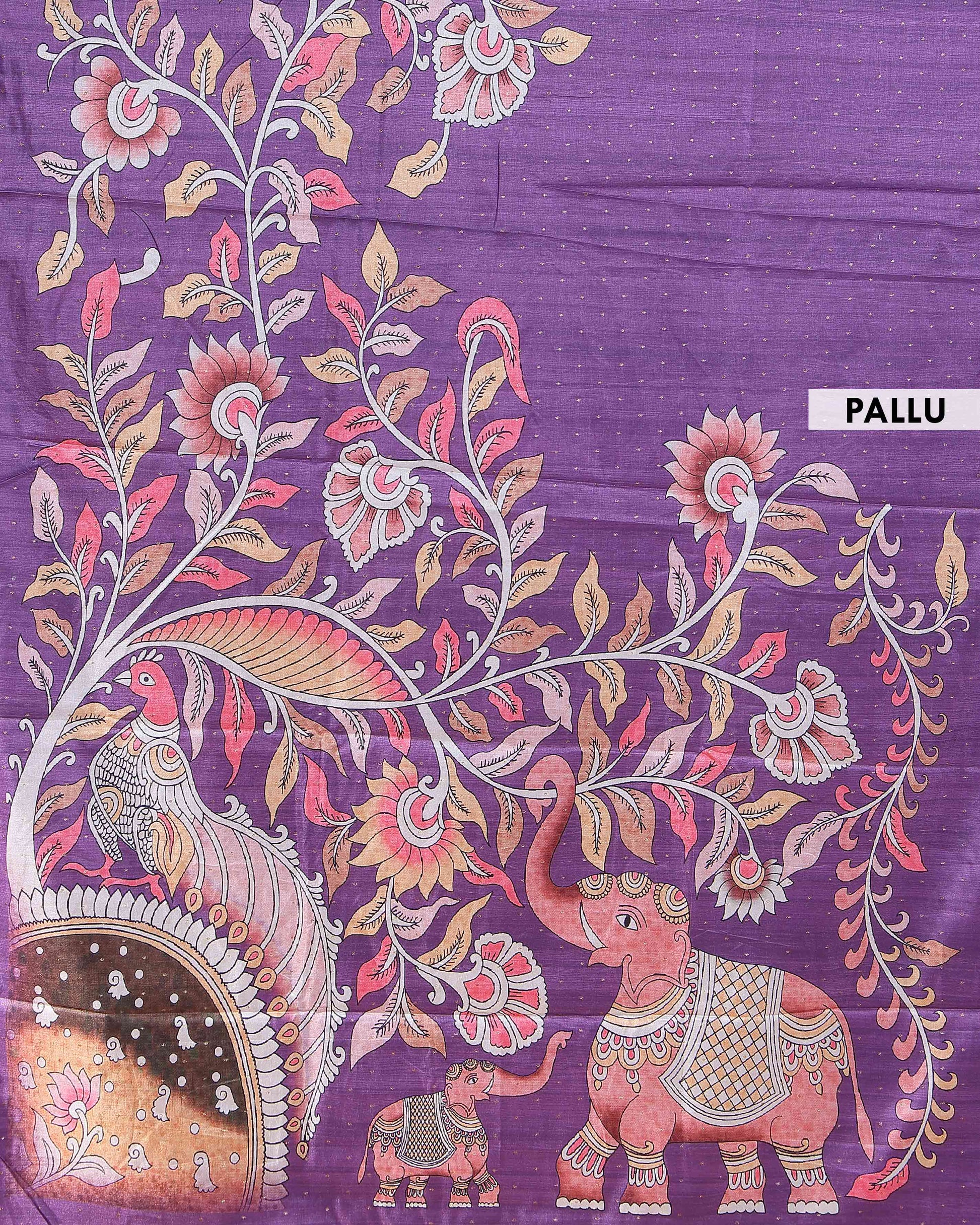 Elegant Hand-Painted Semi Tussar Silk Saree with Elephant and Floral Motifs - Purple