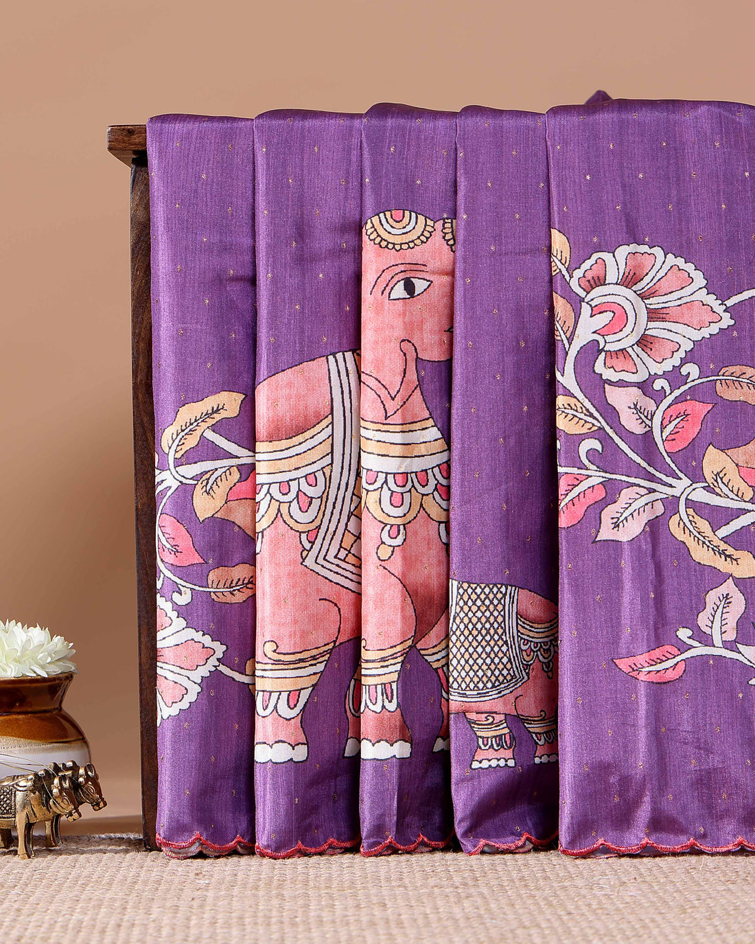 Elegant Hand-Painted Semi Tussar Silk Saree with Elephant and Floral Motifs - Purple