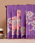 Elegant Hand-Painted Semi Tussar Silk Saree with Elephant and Floral Motifs - Purple