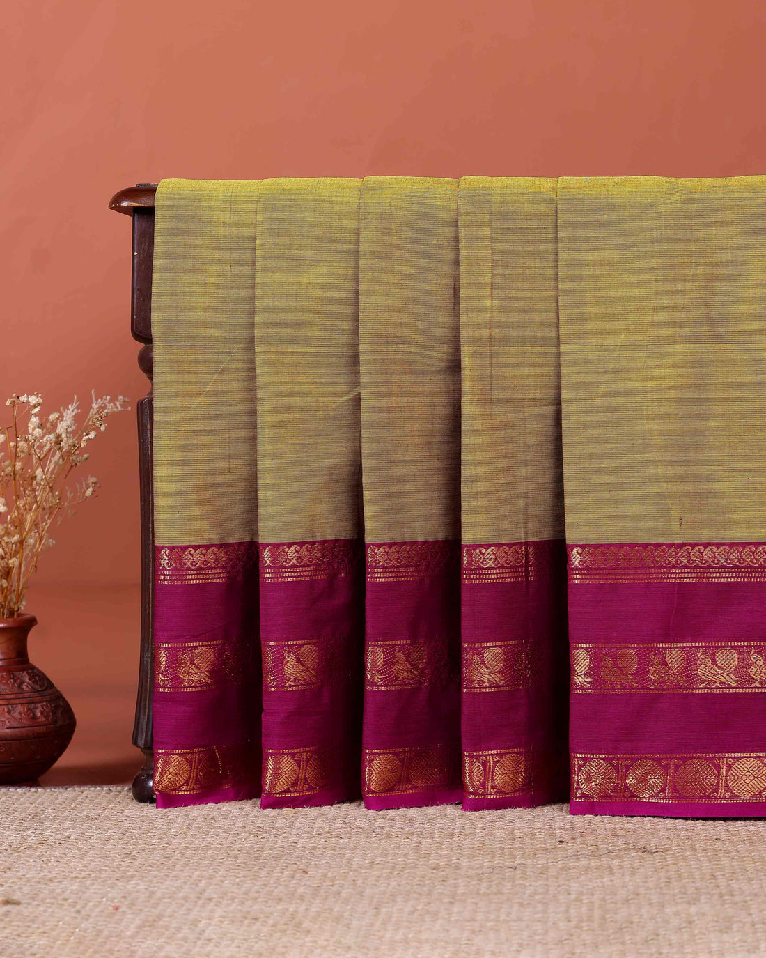 Elegant Handloom Kanchi Cotton Saree with Traditional Zari Border - Olive Green