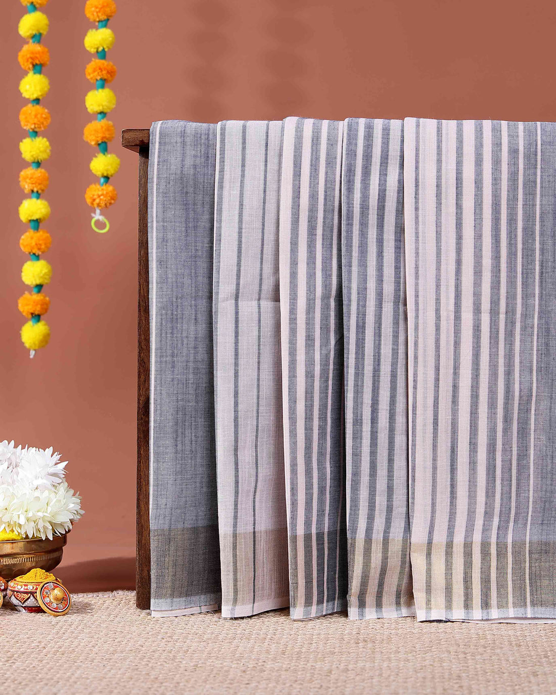 Elegant Handloom Kovai Cotton Saree with Woven Stripes and Zari Border - Grey