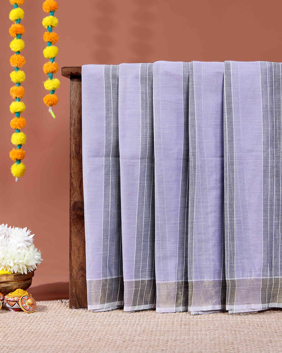 Elegant Handloom Kovai Cotton Saree with Woven Stripes and Zari Border - Lavender