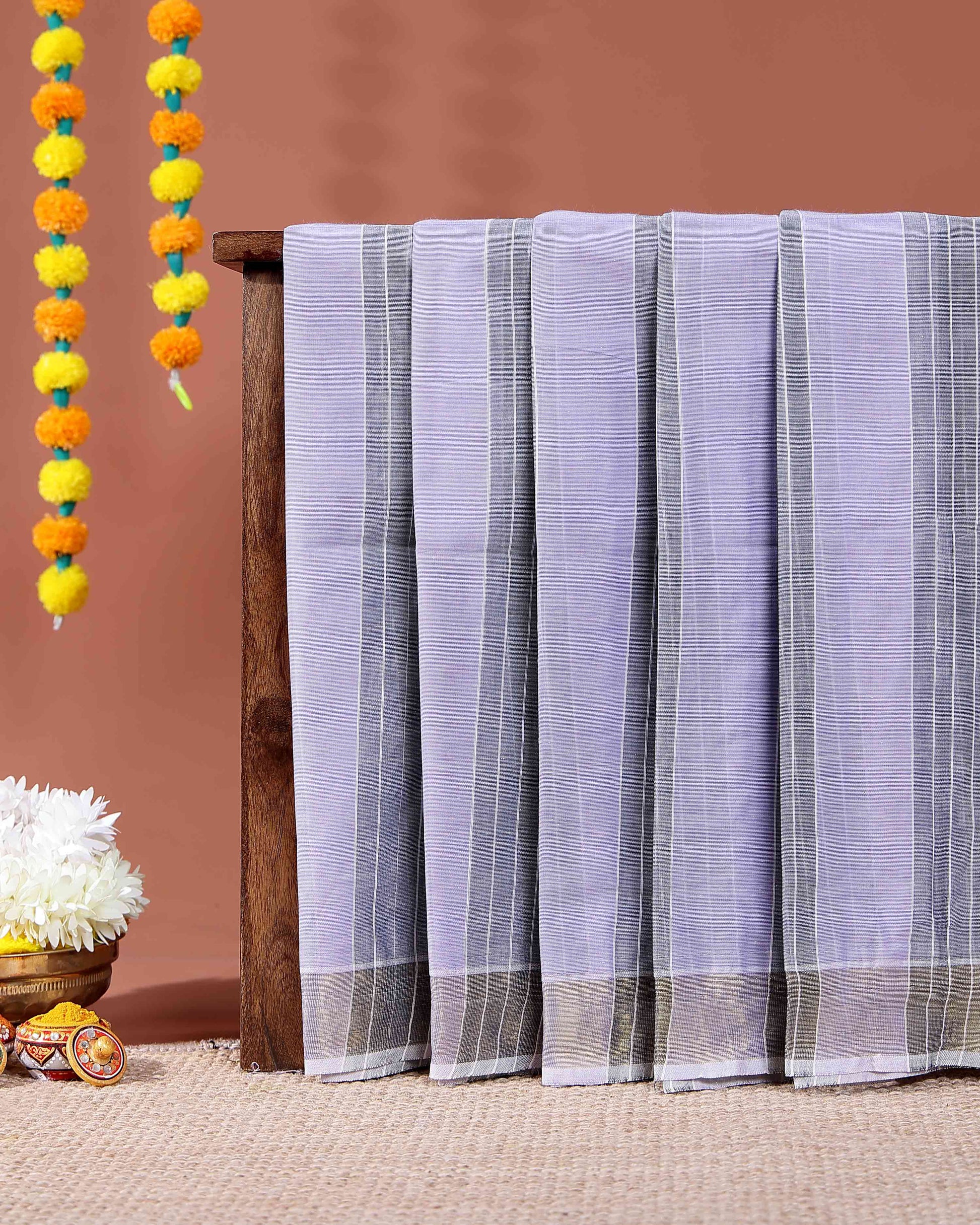 Elegant Handloom Kovai Cotton Saree with Woven Stripes and Zari Border - Lavender