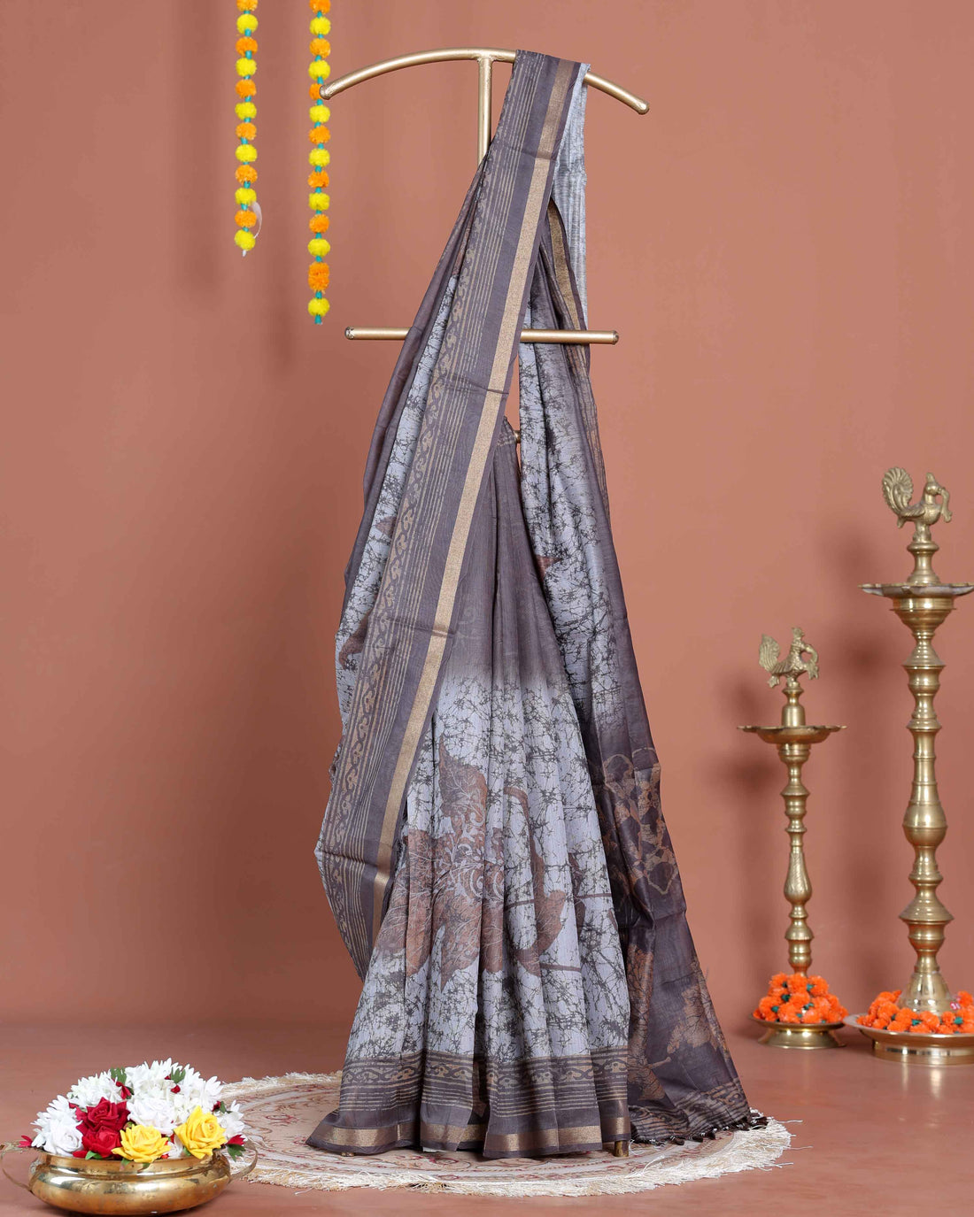 Elegant Handloom Semi-Silk Saree with Zari Woven Border and Digital Print - Dark Brown