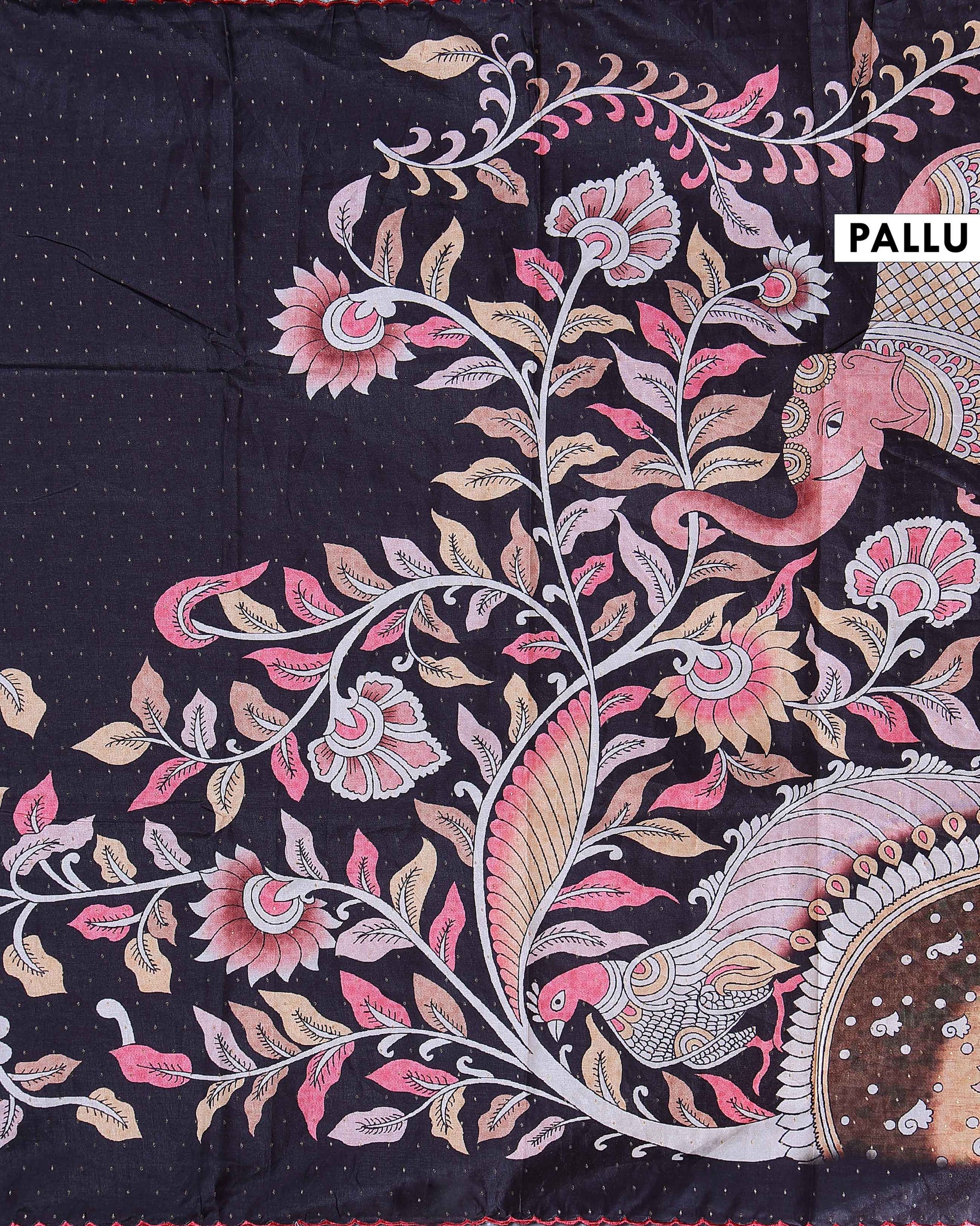 Elegant Handloom Tussar Silk Saree with a Traditional Elephant and Flower Border - Black