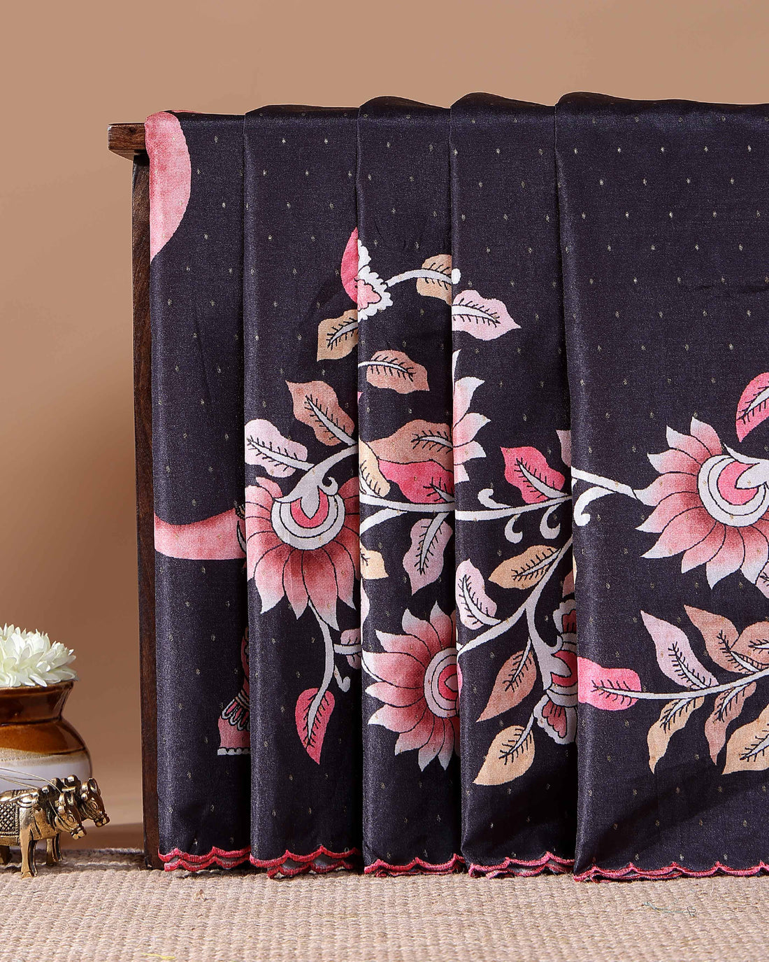 Elegant Handloom Tussar Silk Saree with a Traditional Elephant and Flower Border - Black