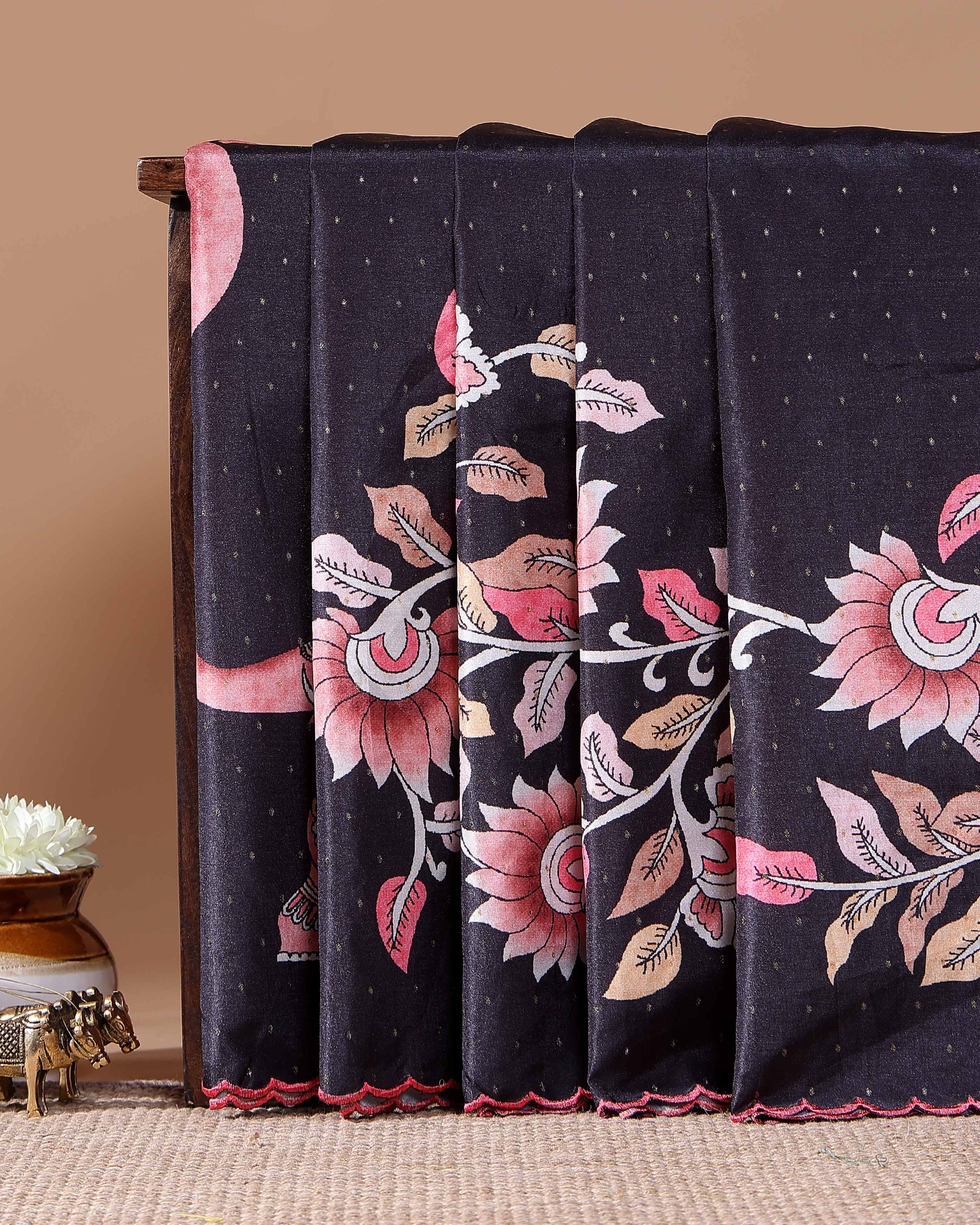 Elegant Handloom Tussar Silk Saree with a Traditional Elephant and Flower Border - Black