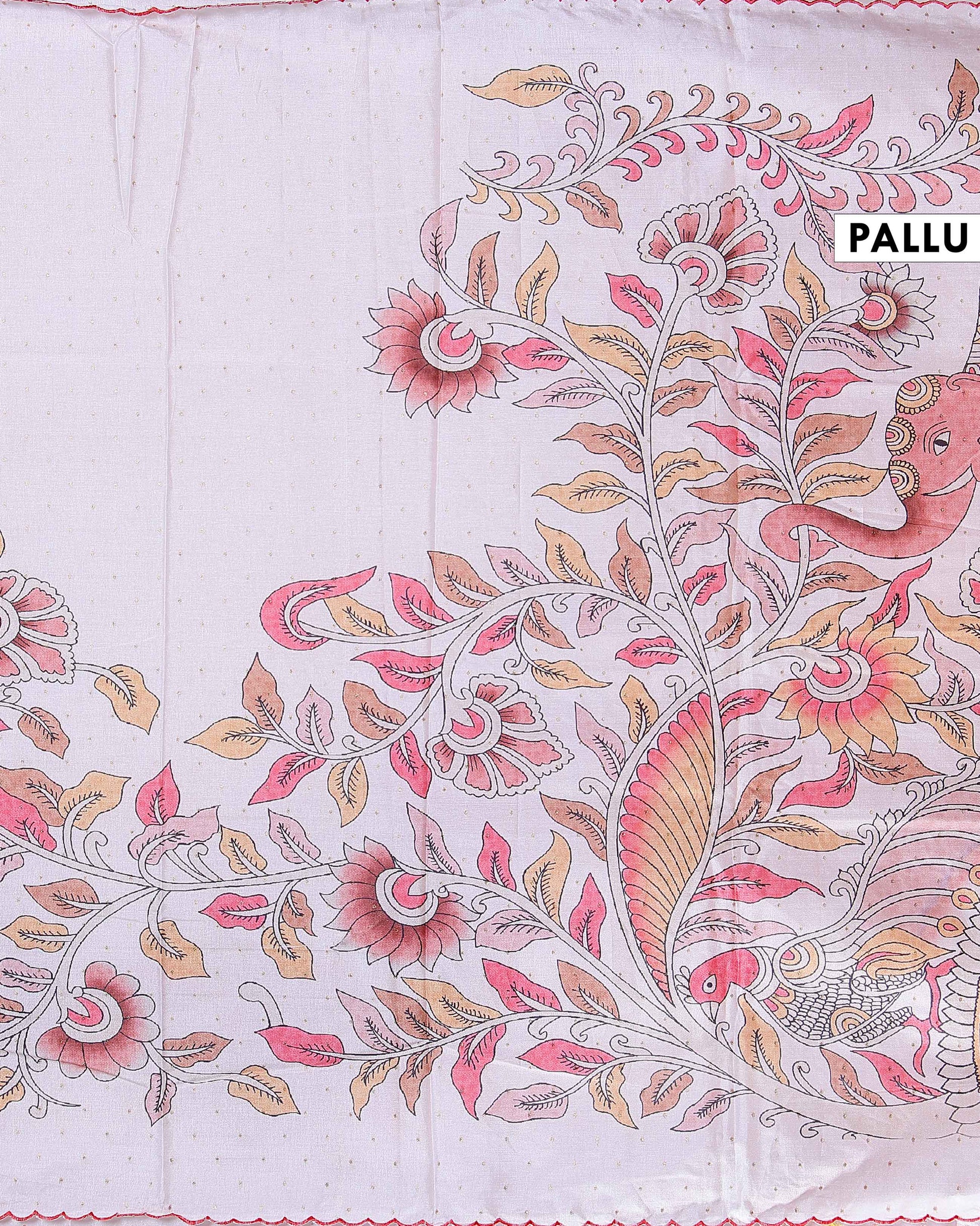 Elegant Handloom Tussar Silk Saree with a Traditional Elephant and Flower Border - Off White