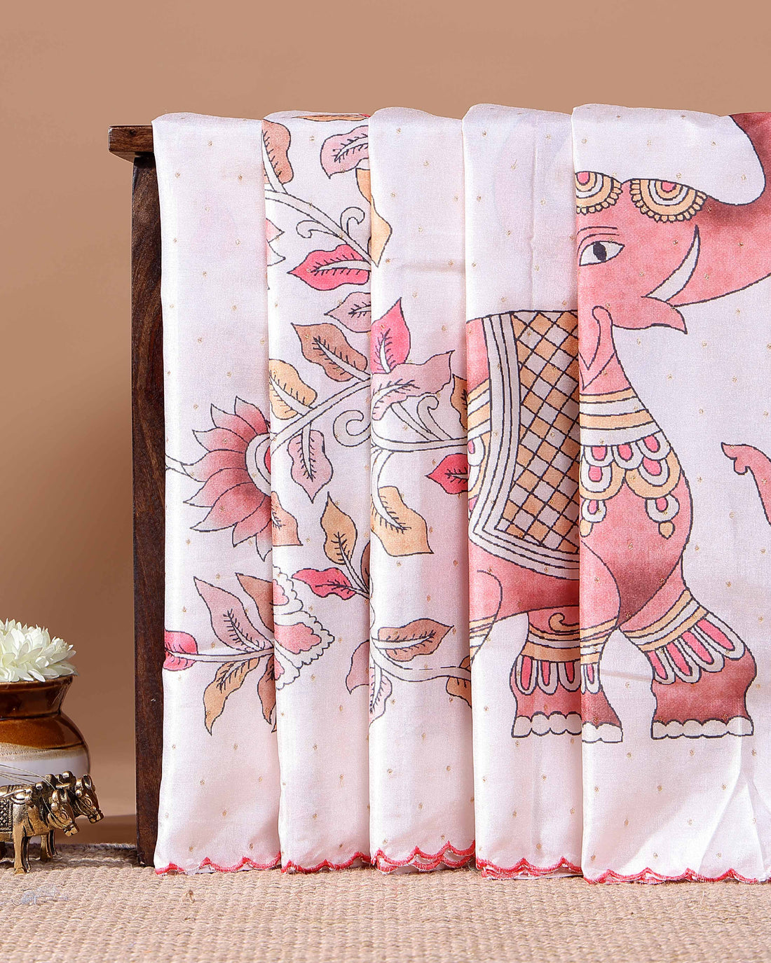 Elegant Handloom Tussar Silk Saree with a Traditional Elephant and Flower Border - Off White