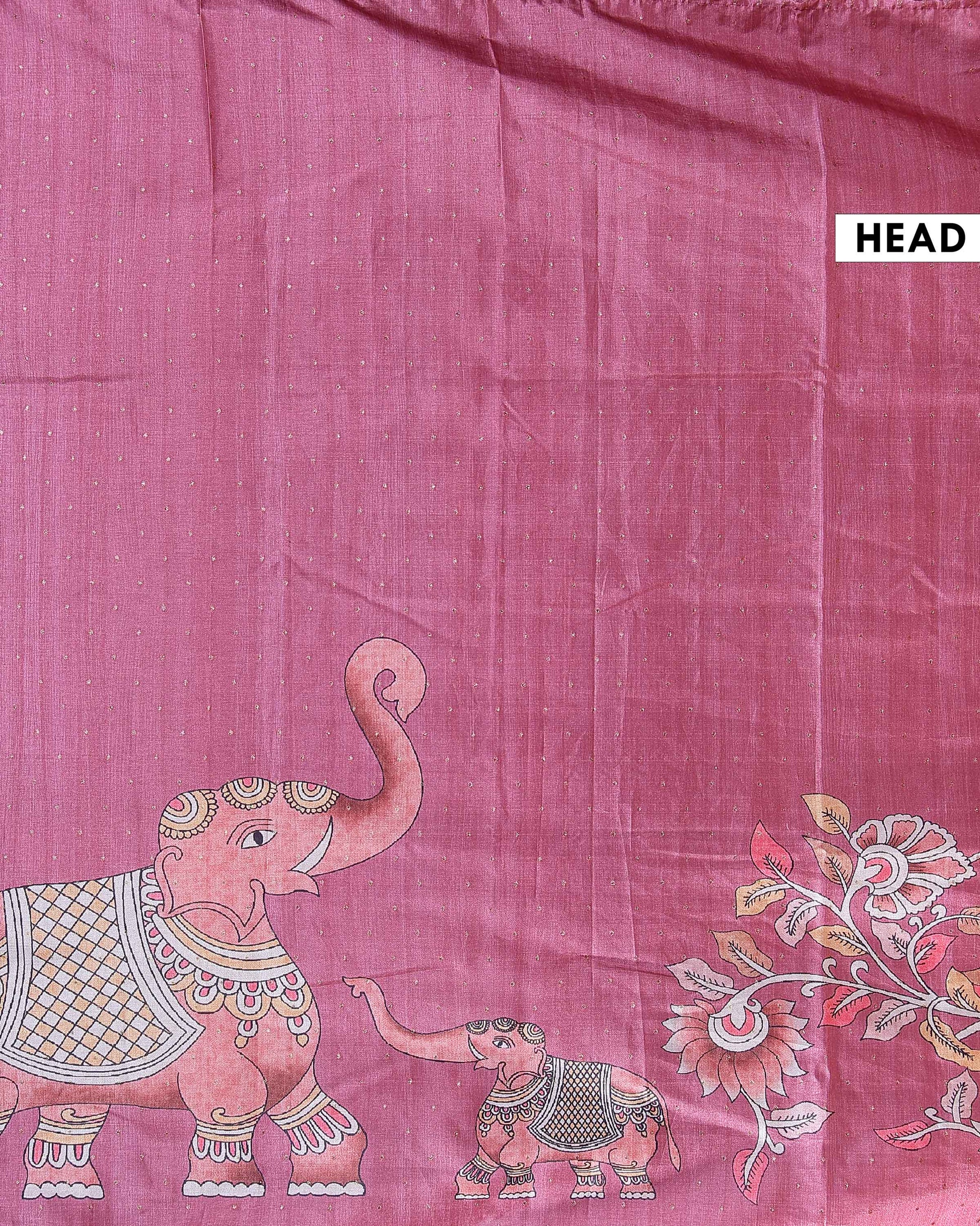 Elegant Handloom Tussar Silk Saree with a Traditional Elephant and Flower Border - Onion Pink