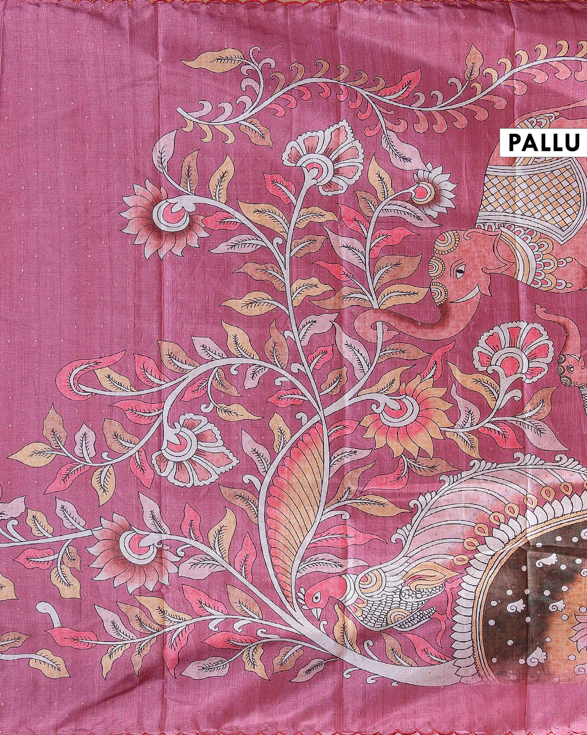 Elegant Handloom Tussar Silk Saree with a Traditional Elephant and Flower Border - Onion Pink