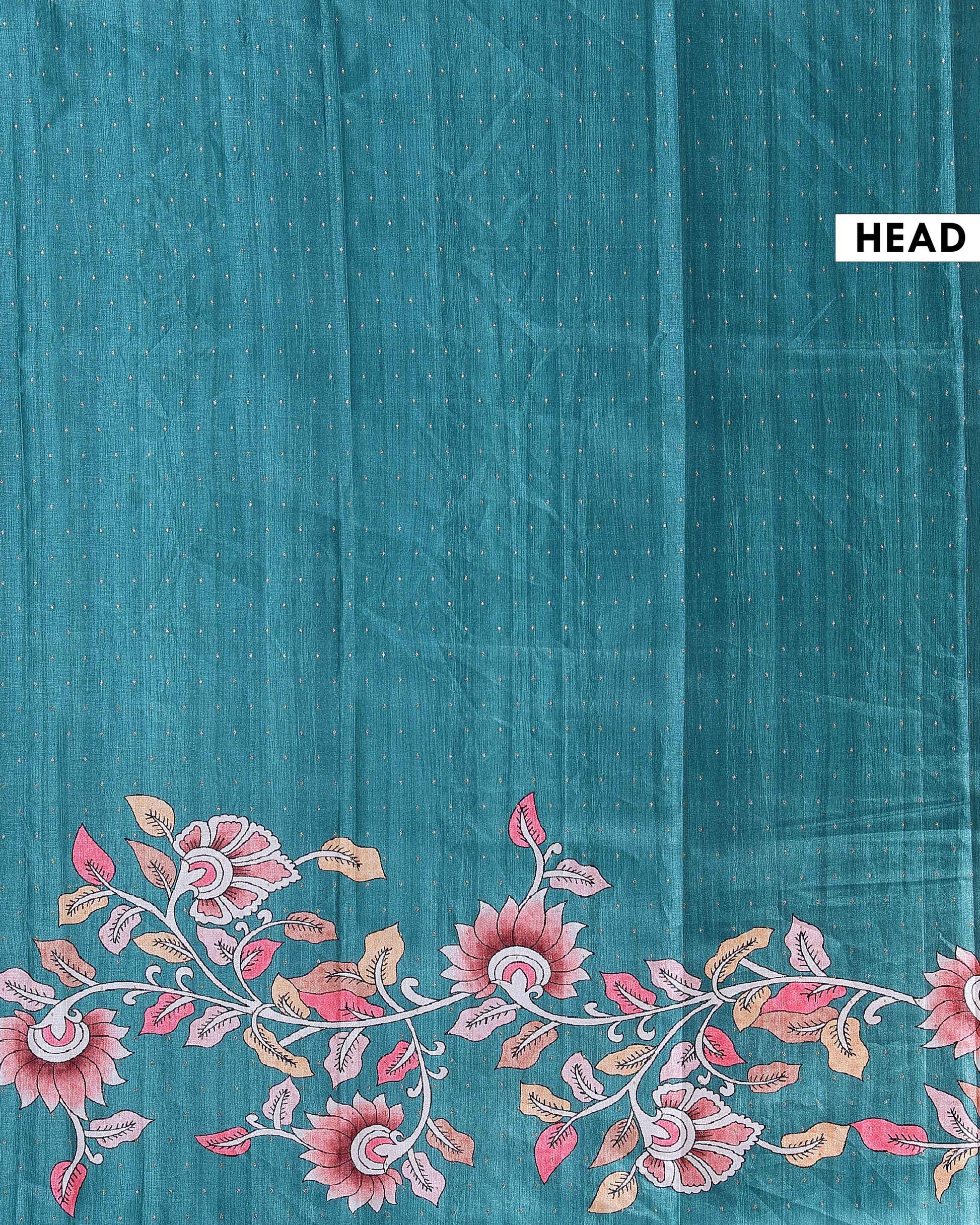 Elegant Handloom Tussar Silk Saree with a Traditional Elephant and Flower Border - Teal
