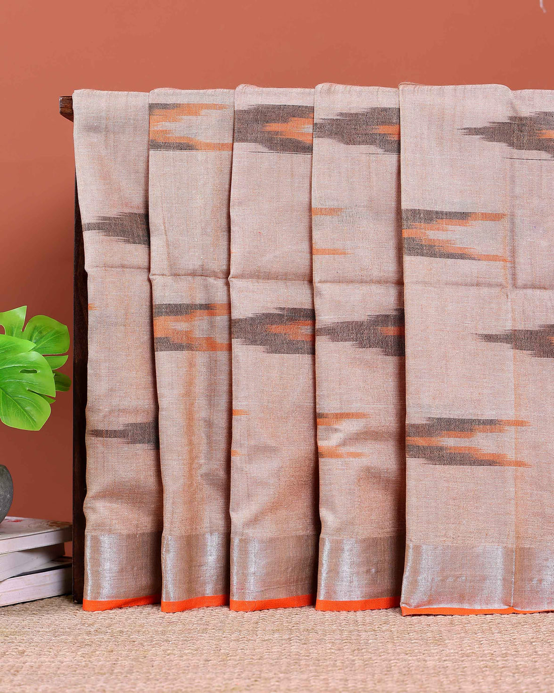 Elegant Handwoven Ikkat Linen Cotton Saree with Zari Border - Brown