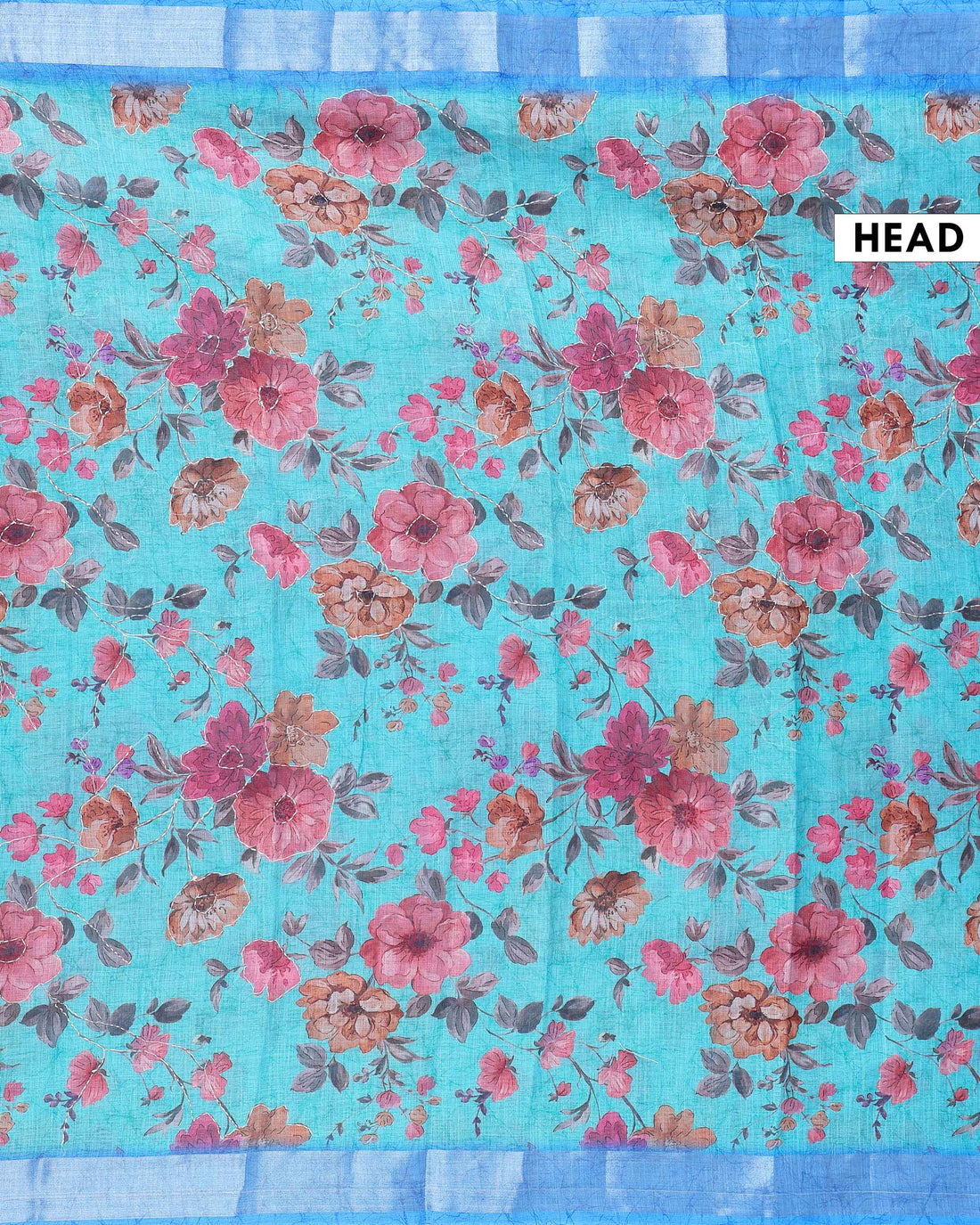 Elegant Kantha Work Saree with Floral Print and Contrasting Border - Blue