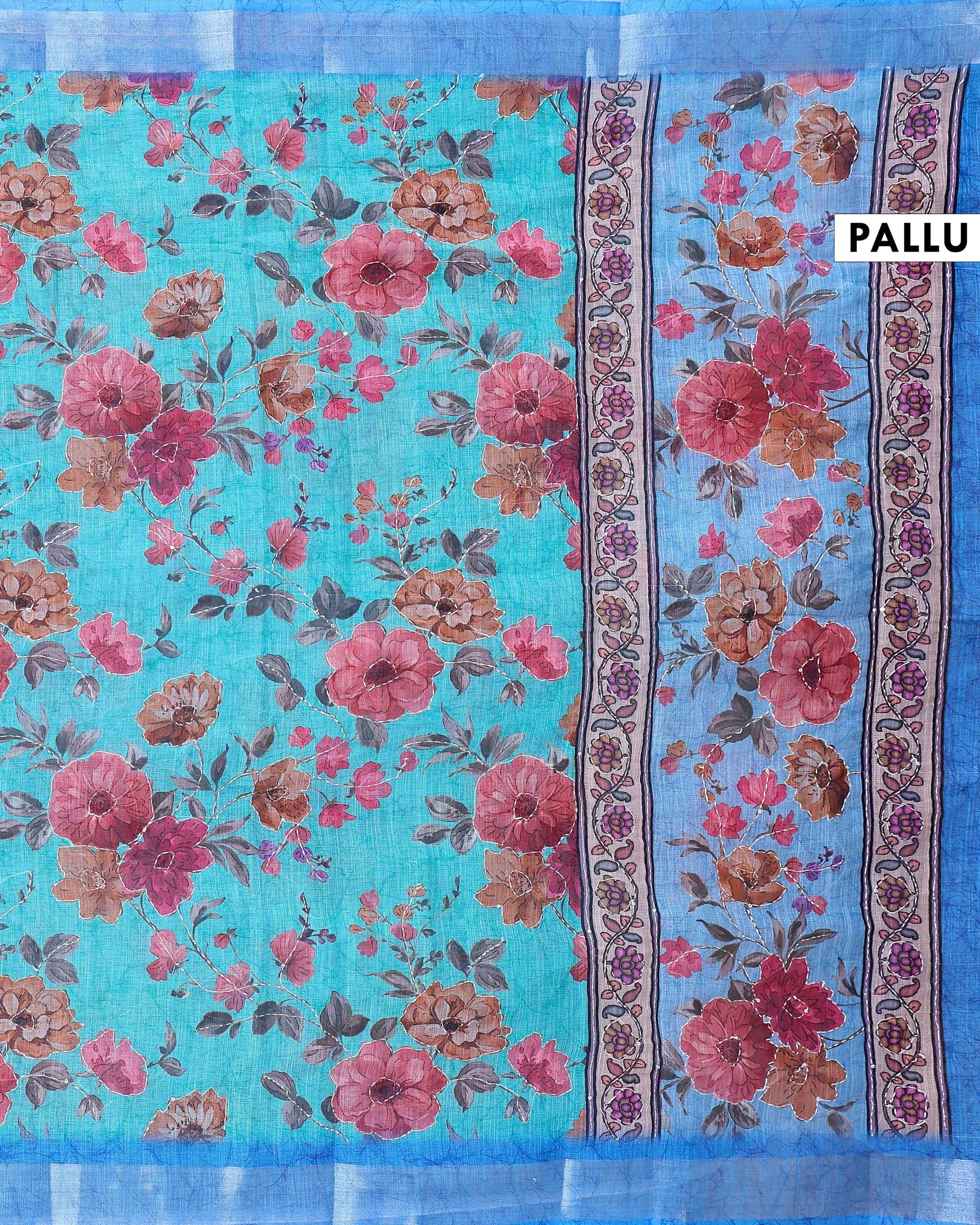 Elegant Kantha Work Saree with Floral Print and Contrasting Border - Blue