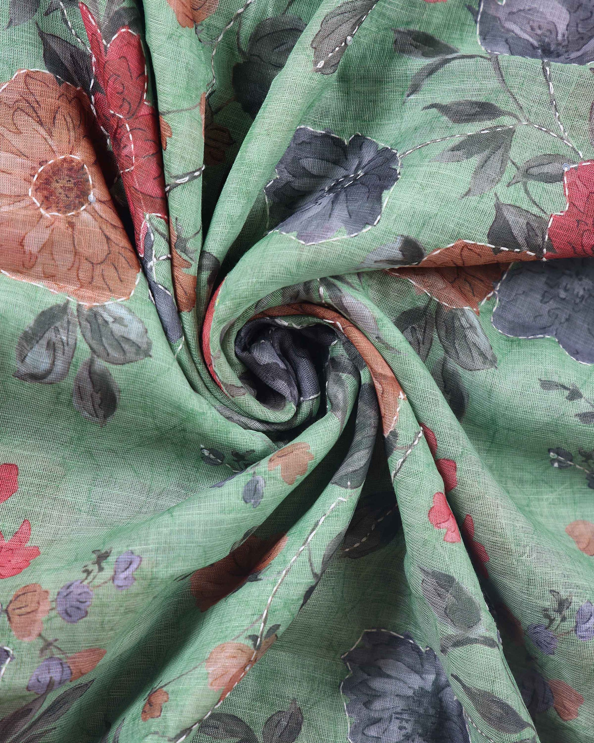 Elegant Kantha Work Saree with Floral Print and Contrasting Border - Green