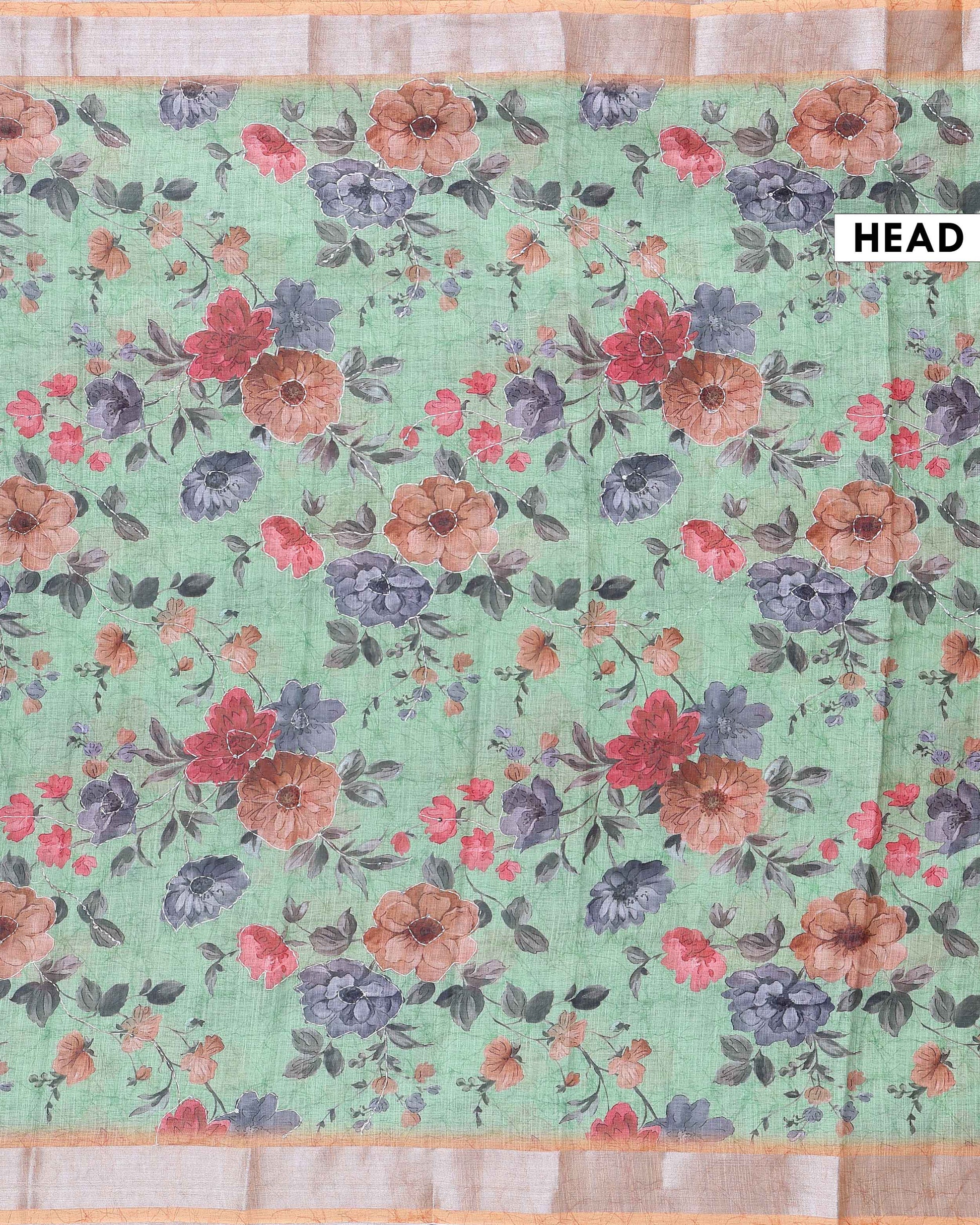 Elegant Kantha Work Saree with Floral Print and Contrasting Border - Green