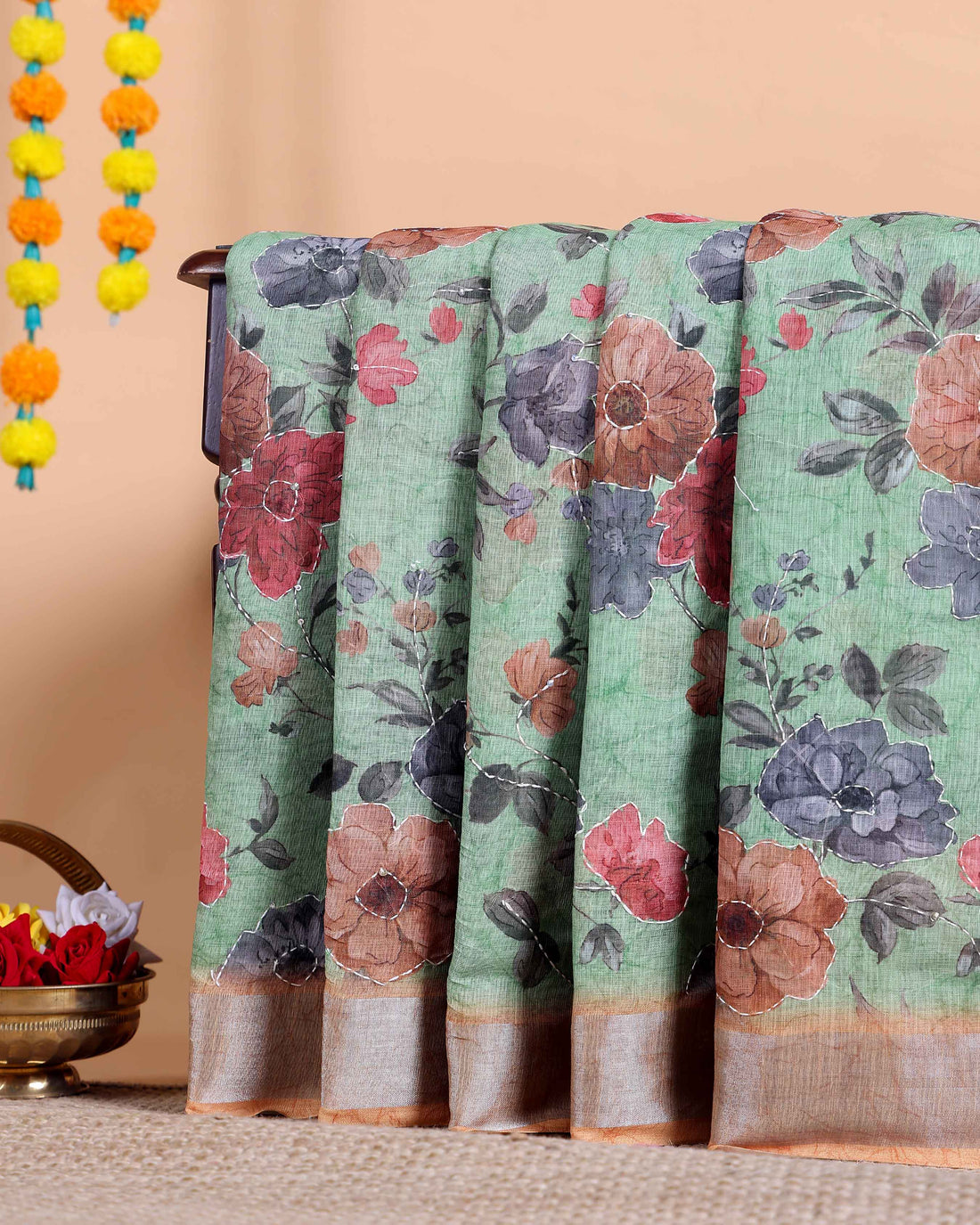 Elegant Kantha Work Saree with Floral Print and Contrasting Border - Green