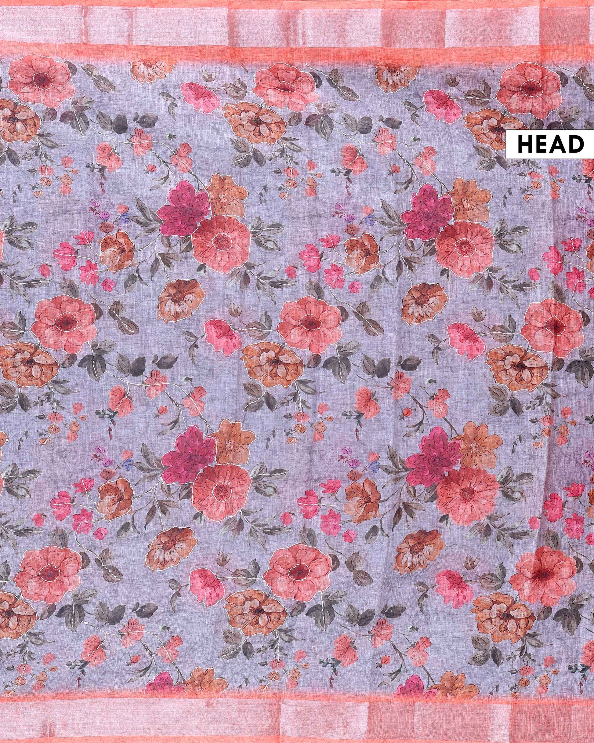 Elegant Kantha Work Saree with Floral Print and Contrasting Border - Grey