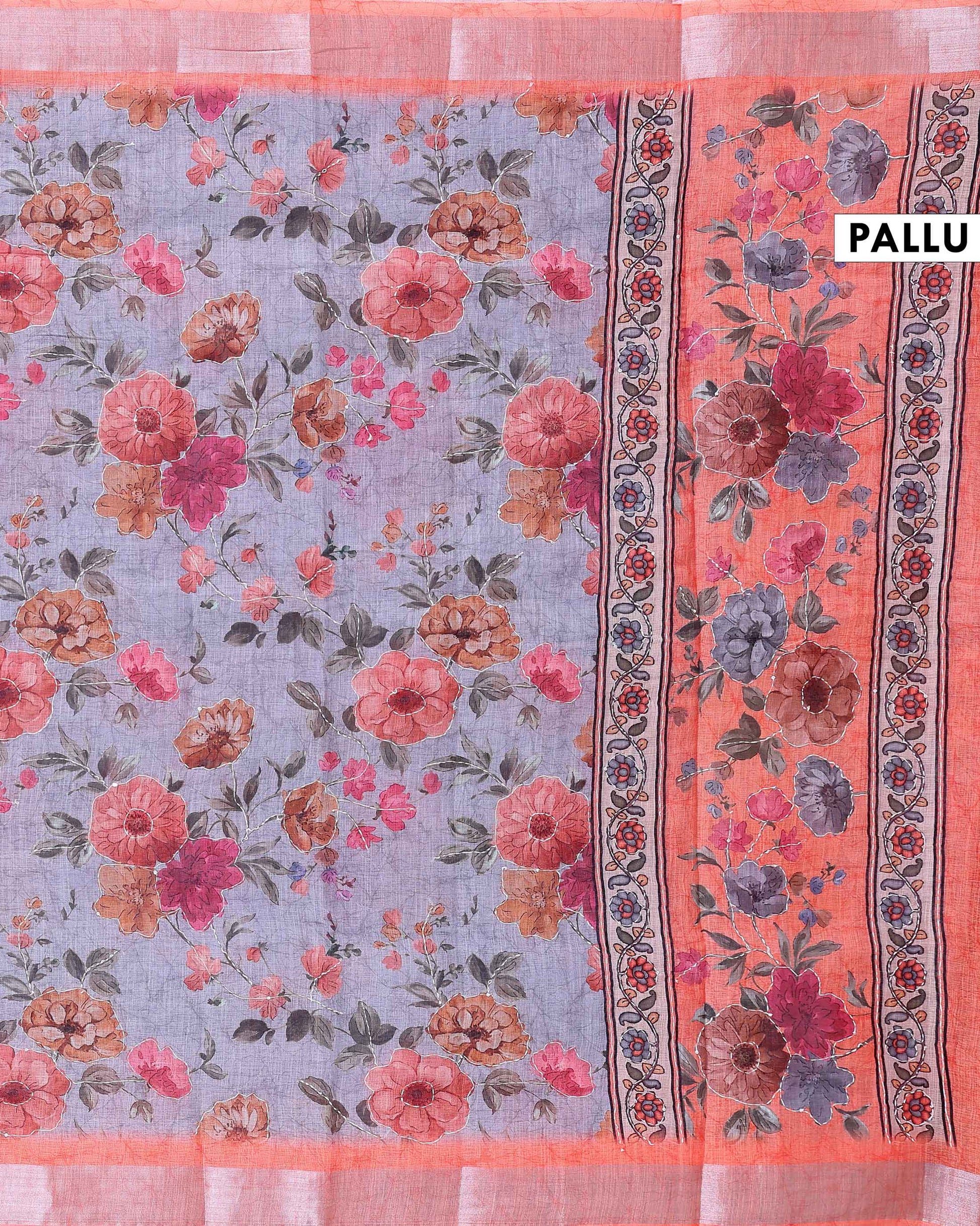 Elegant Kantha Work Saree with Floral Print and Contrasting Border - Grey